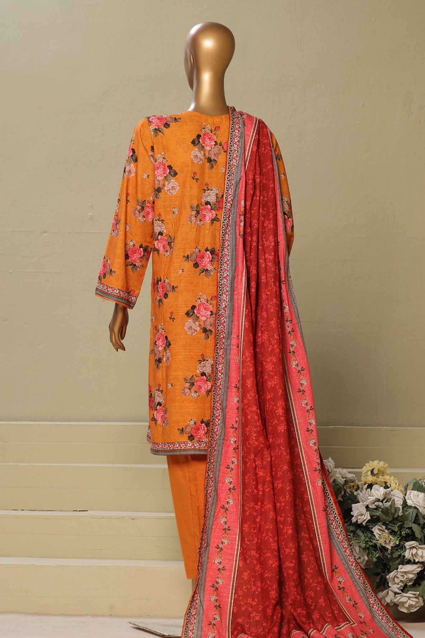 Bin Saeed Stitched 3 Piece Exclusive Printed Khaddar Vol-06 Collection'2024-WK-1139-Mustard