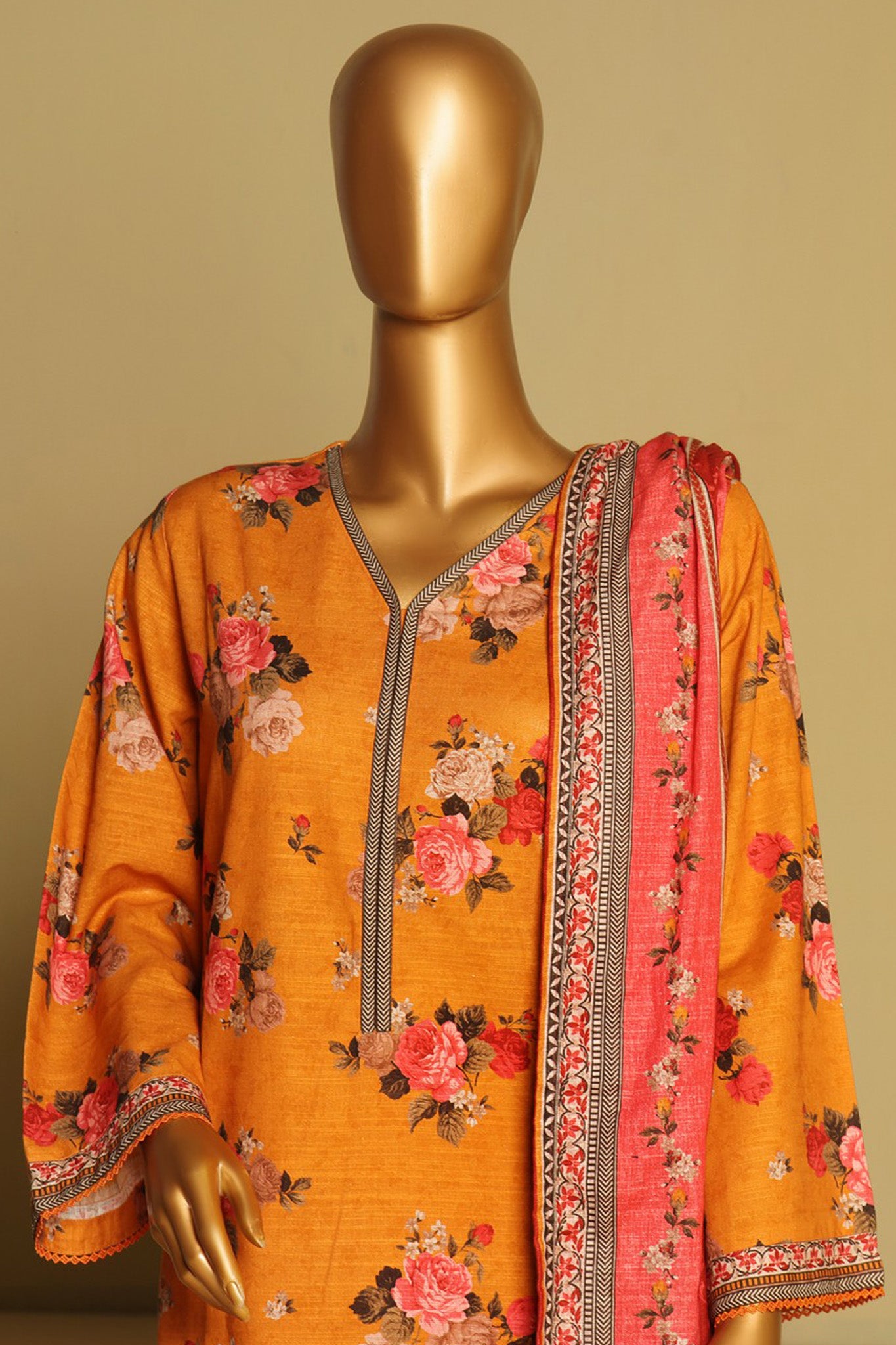 Bin Saeed Stitched 3 Piece Exclusive Printed Khaddar Vol-06 Collection'2024-WK-1139-Mustard