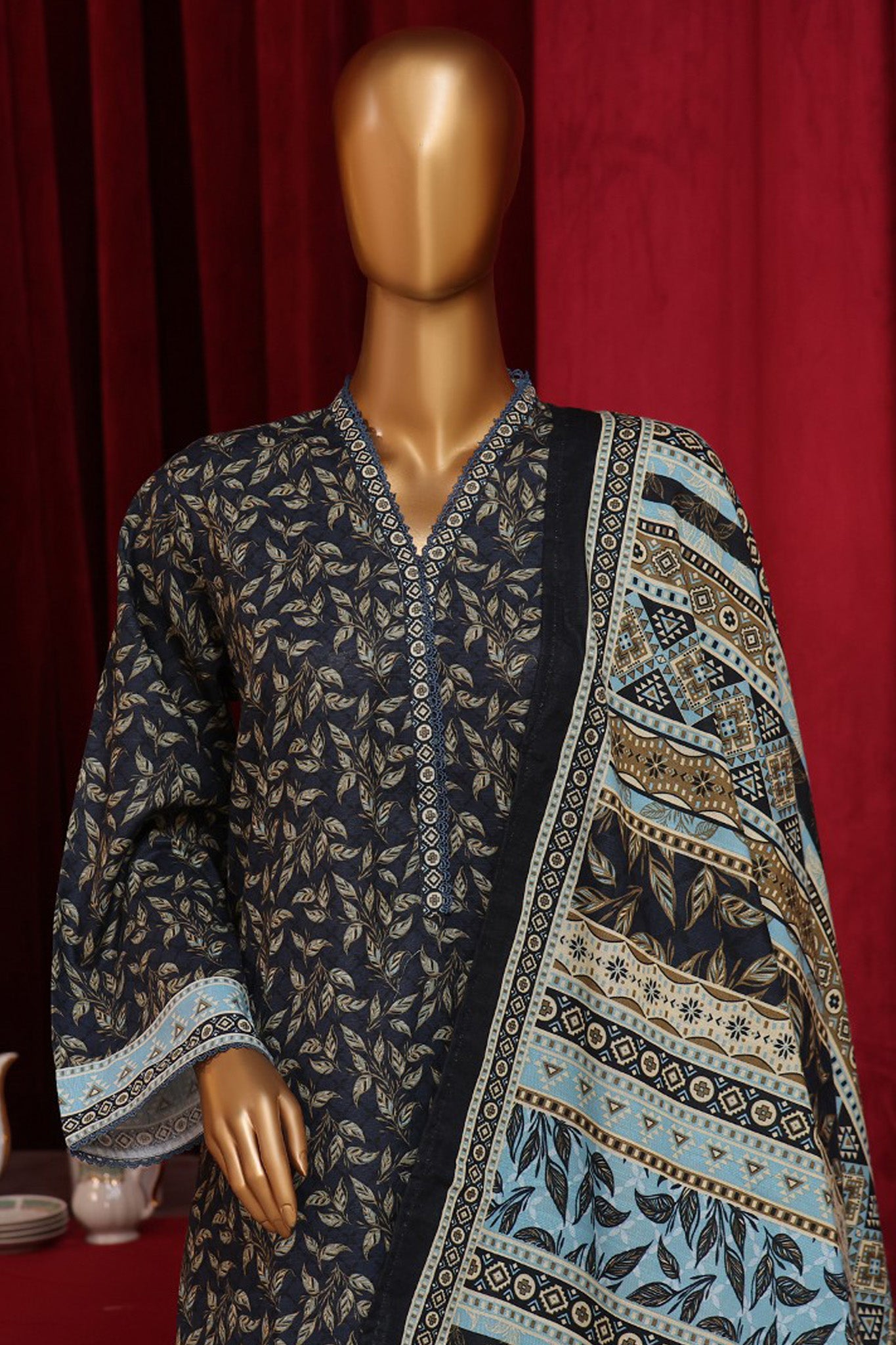 Bin Saeed Stitched 3 Piece Exclusive Printed Khaddar Vol-07 Collection'2024-WK-1147-Navy Blue