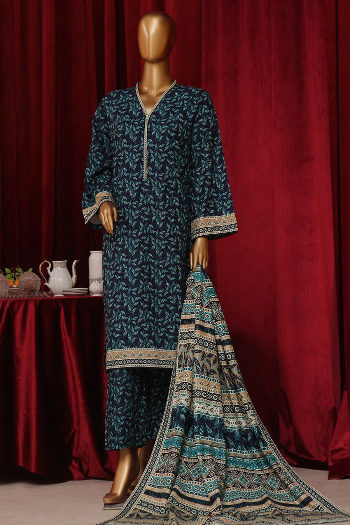 Bin Saeed Stitched 3 Piece Exclusive Printed Khaddar Vol-07 Collection'2024-WK-1148-Navy Blue