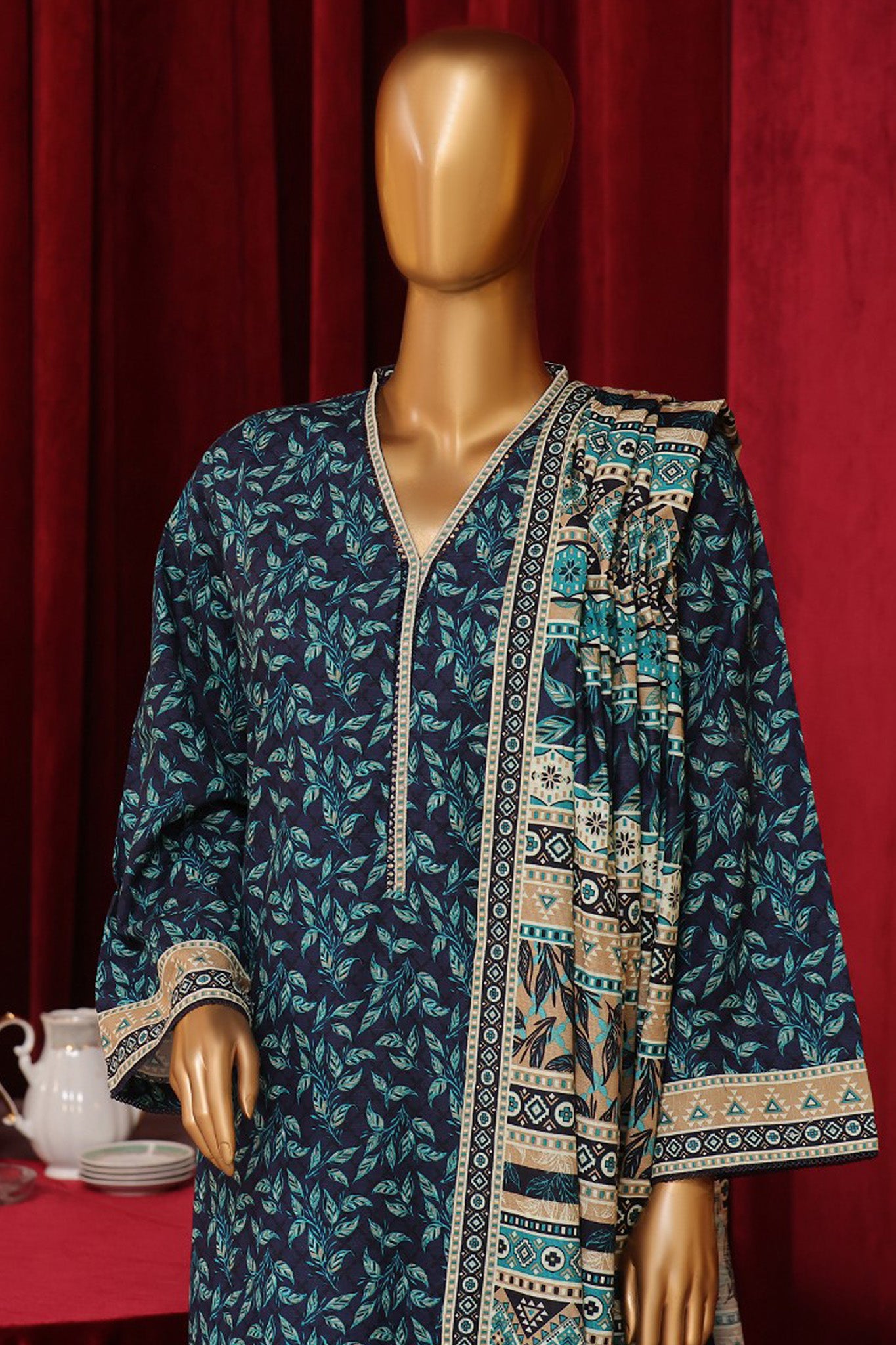 Bin Saeed Stitched 3 Piece Exclusive Printed Khaddar Vol-07 Collection'2024-WK-1148-Navy Blue