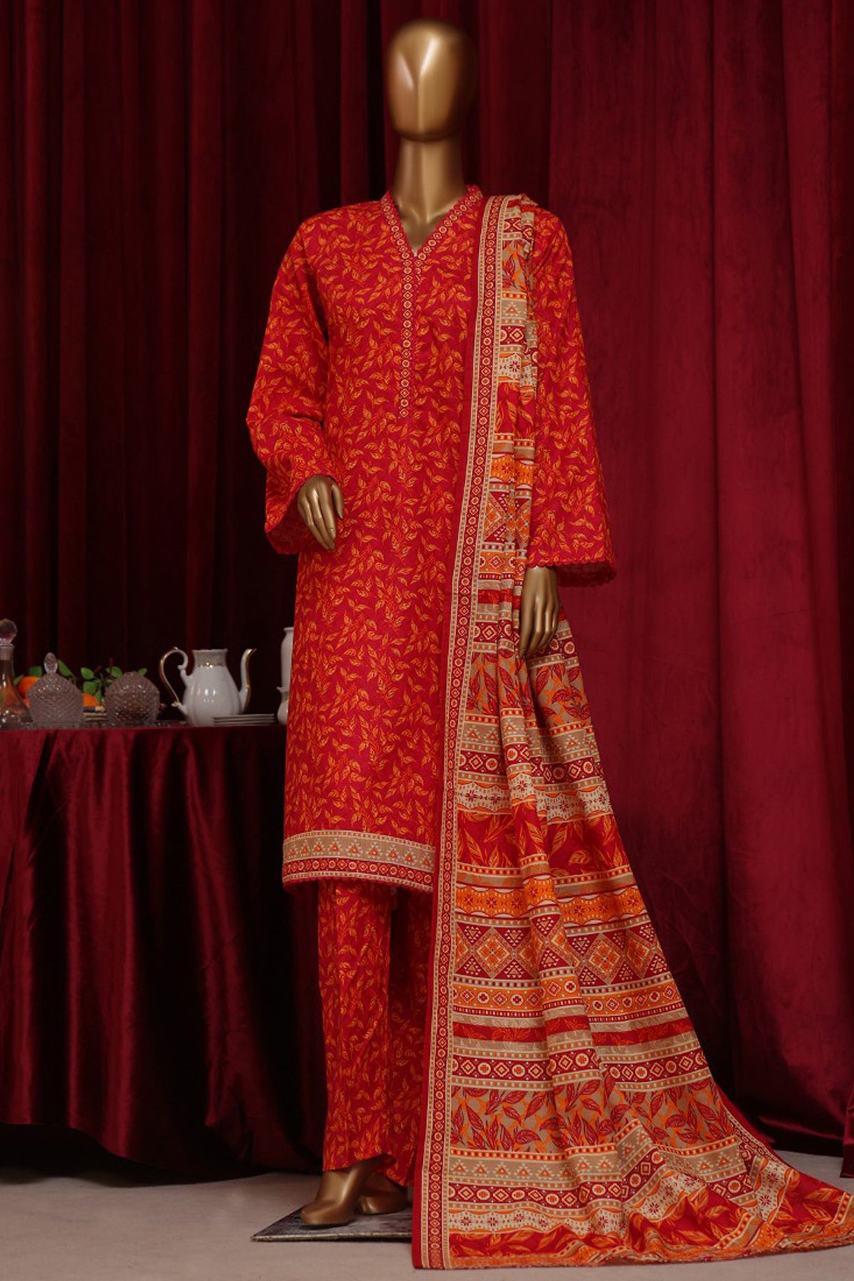 Bin Saeed Stitched 3 Piece Exclusive Printed Khaddar Vol-07 Collection'2024-WK-1150-Red