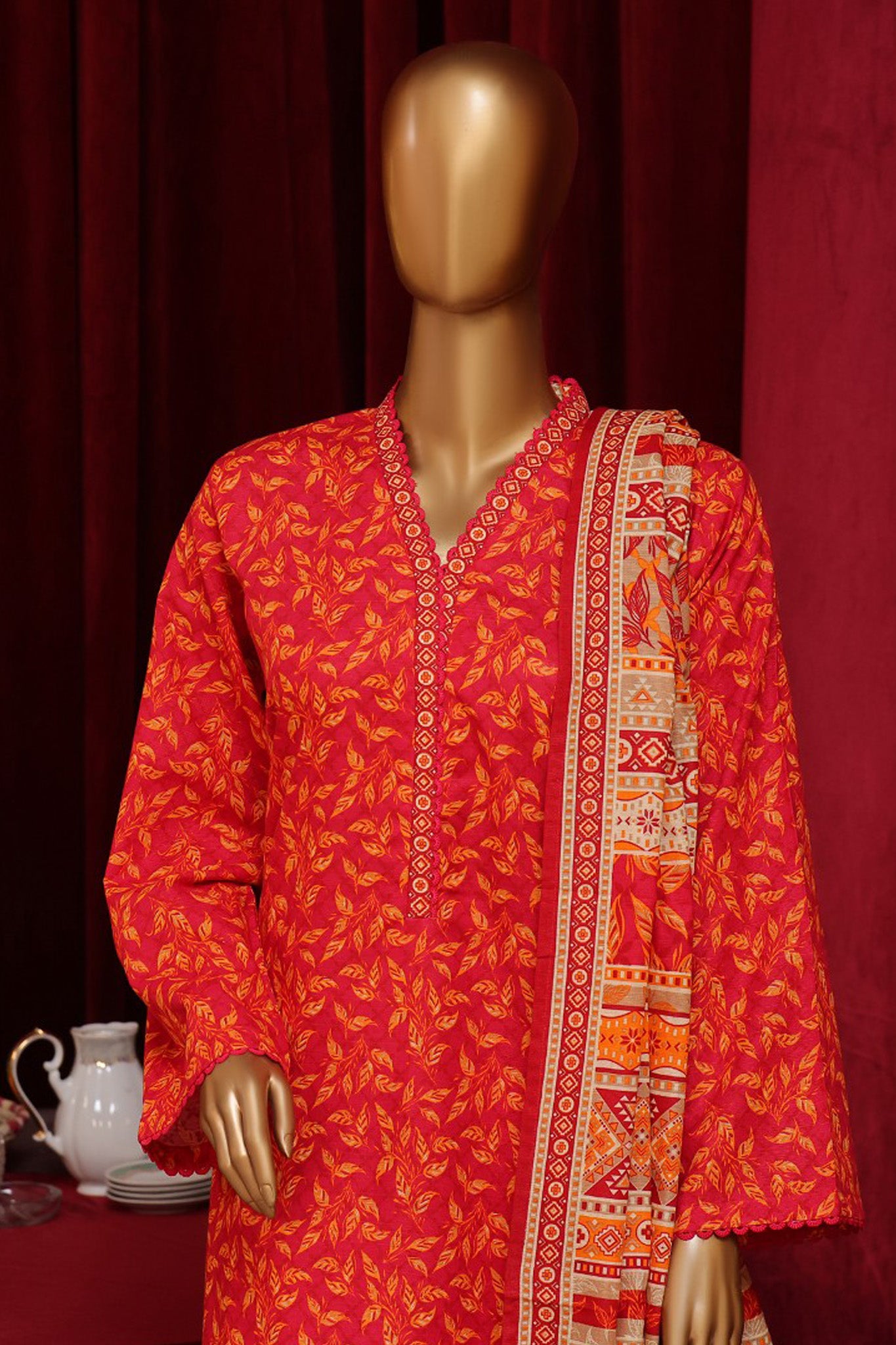 Bin Saeed Stitched 3 Piece Exclusive Printed Khaddar Vol-07 Collection'2024-WK-1150-Red