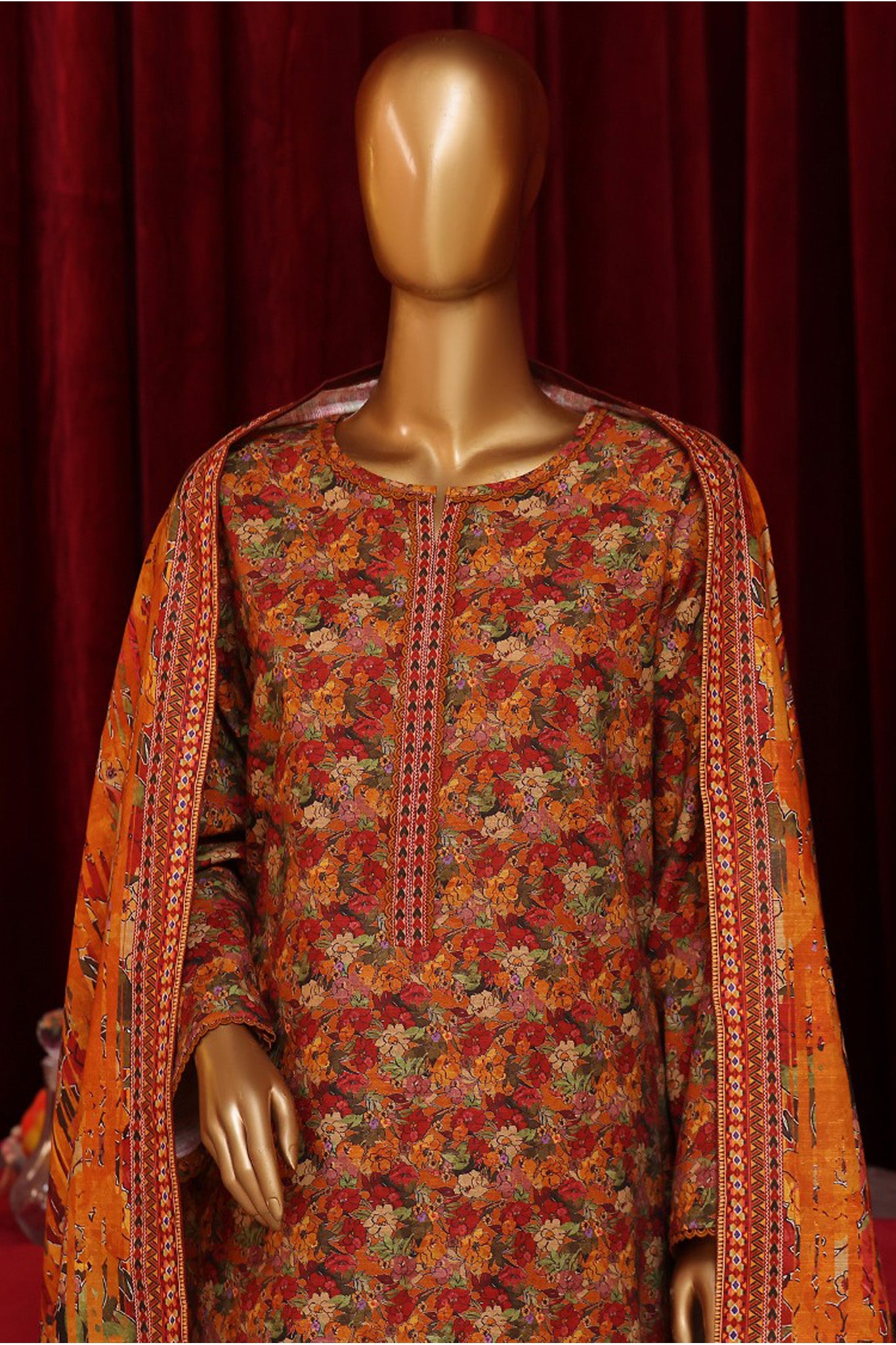 Bin Saeed Stitched 3 Piece Exclusive Printed Khaddar Vol-07 Collection'2024-WK-1152-Rust