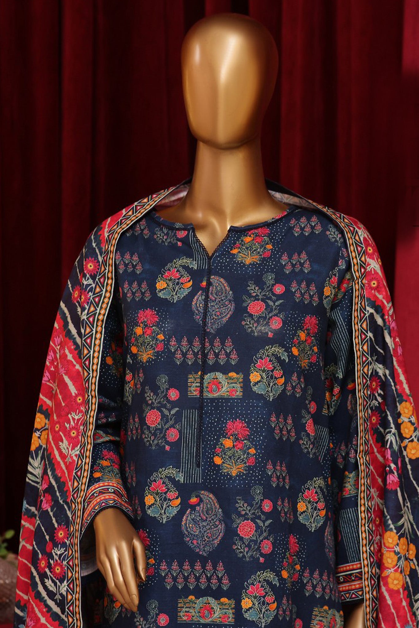 Bin Saeed Stitched 3 Piece Exclusive Printed Khaddar Vol-07 Collection'2024-WK-1153-Navy Blue