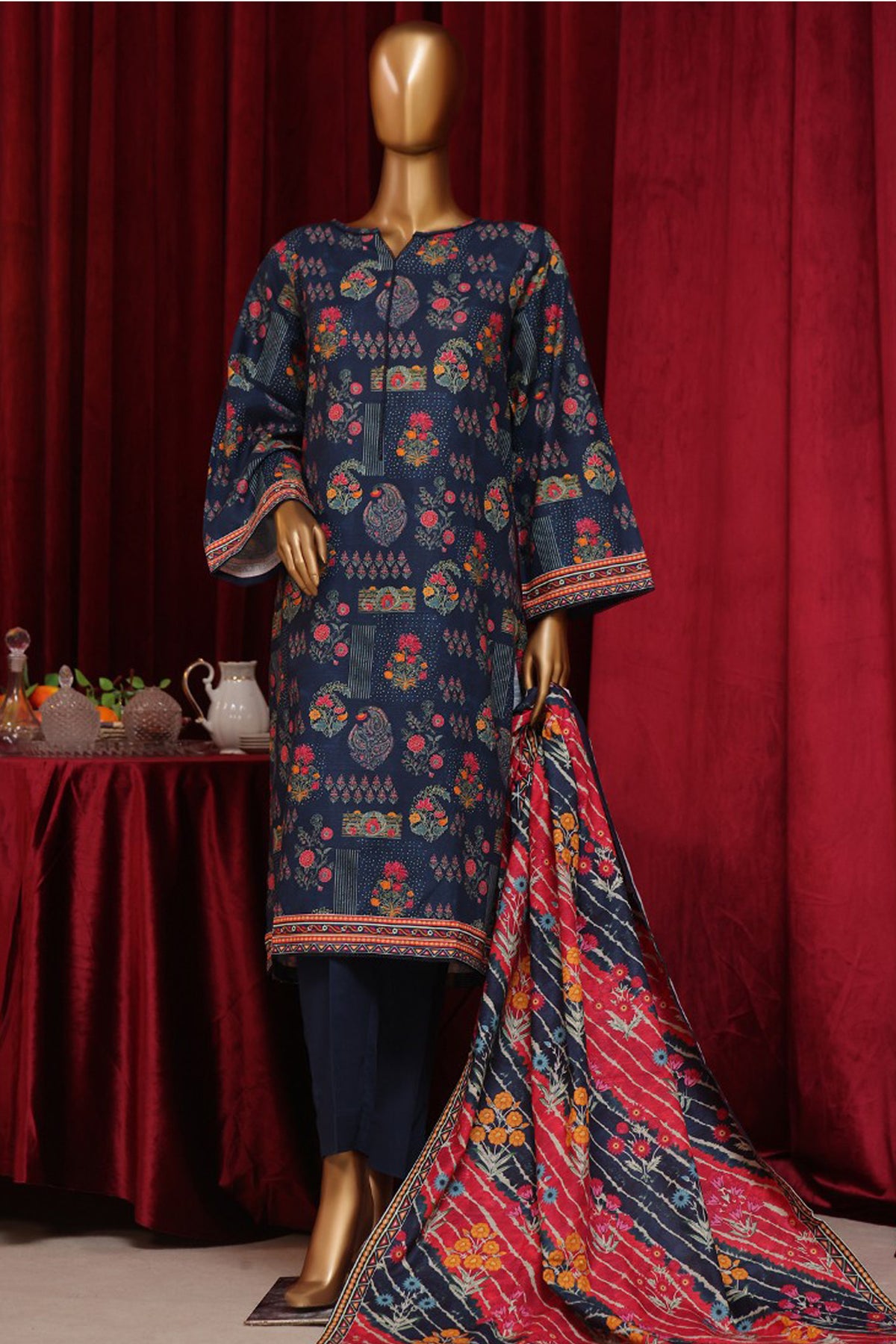 Bin Saeed Stitched 3 Piece Exclusive Printed Khaddar Vol-07 Collection'2024-WK-1153-Navy Blue