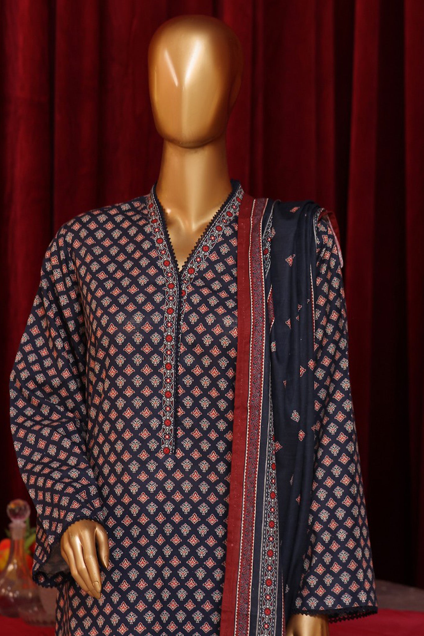 Bin Saeed Stitched 3 Piece Exclusive Printed Khaddar Vol-07 Collection'2024-WK-1154-Navy Blue