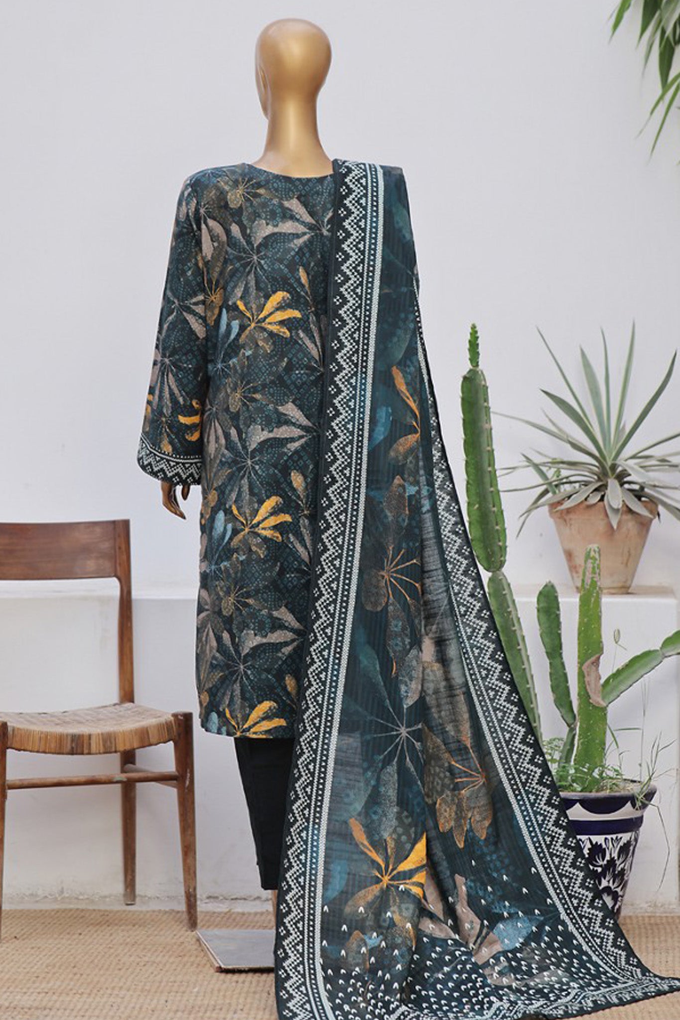 Bin Saeed Stitched 3 Piece Exclusive Printed Khaddar Vol-08 Collection'2024-WK-1180-Teal