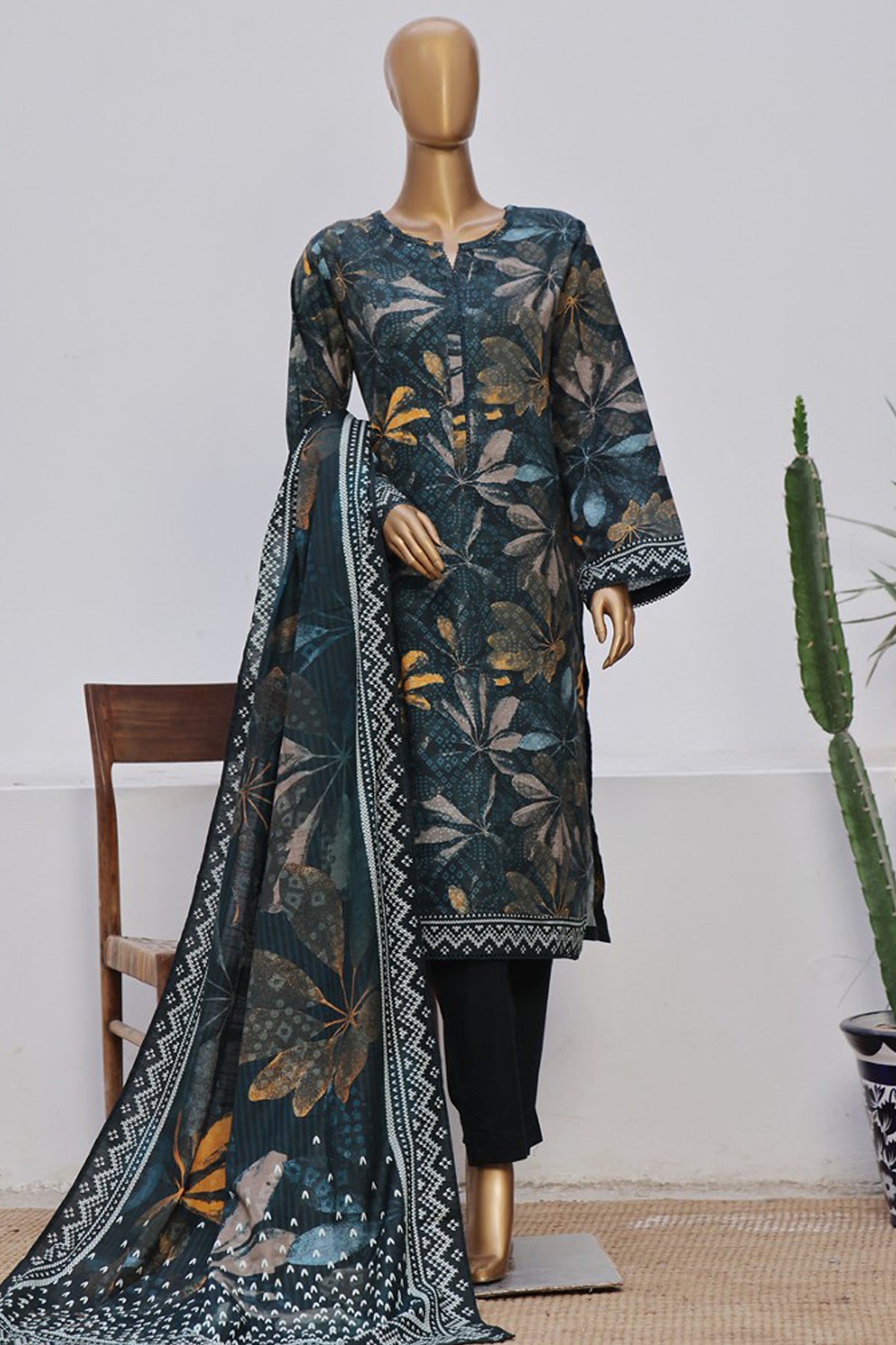 Bin Saeed Stitched 3 Piece Exclusive Printed Khaddar Vol-08 Collection'2024-WK-1180-Teal