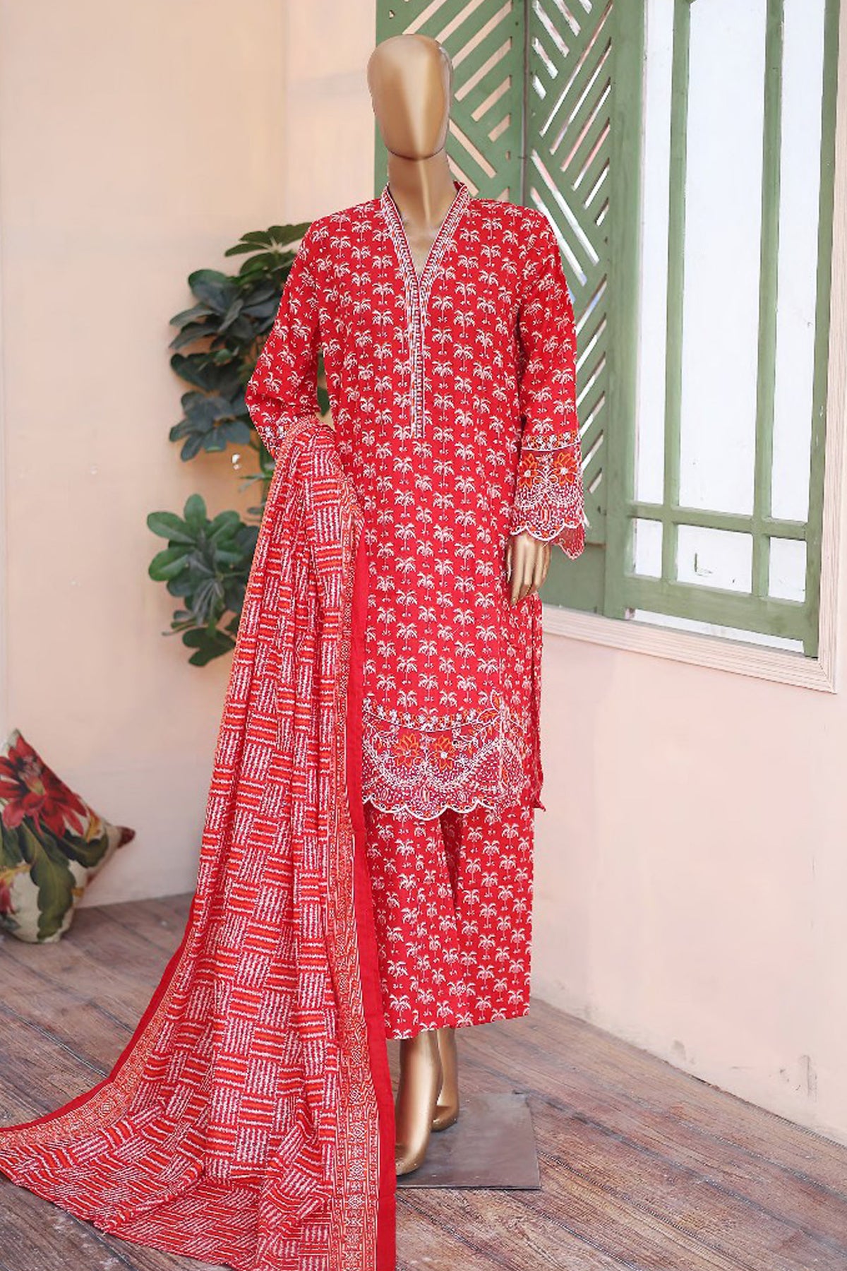 Bin Saeed Stitched 3 Piece Exclusive Emb Chikankari Khaddar Collection'2024-WK-1185-Red