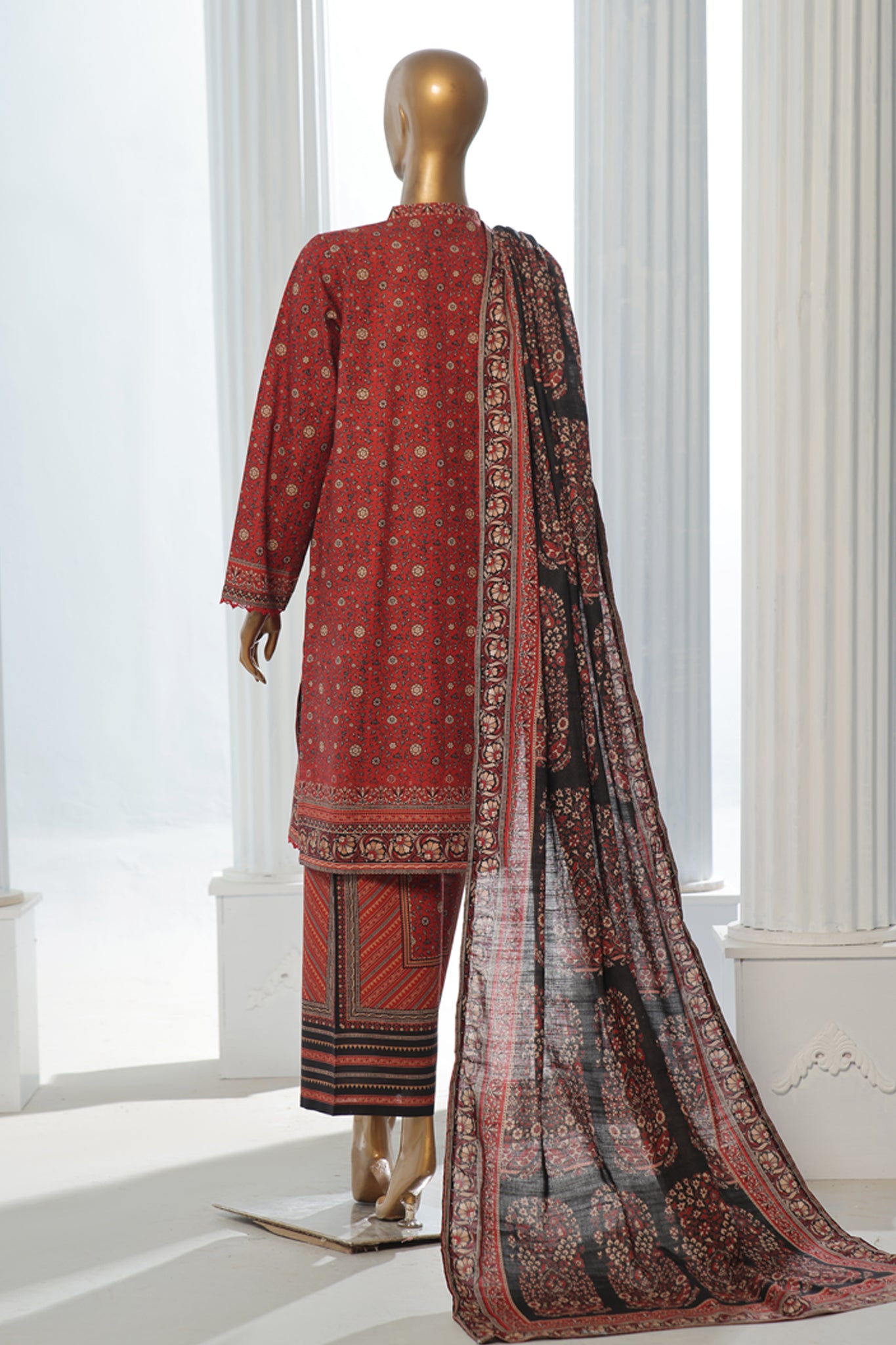 Bin Saeed Stitched 3 Piece Exclusive Printed Khaddar Vol-10 Collection'2024-WK-1225-Maroon