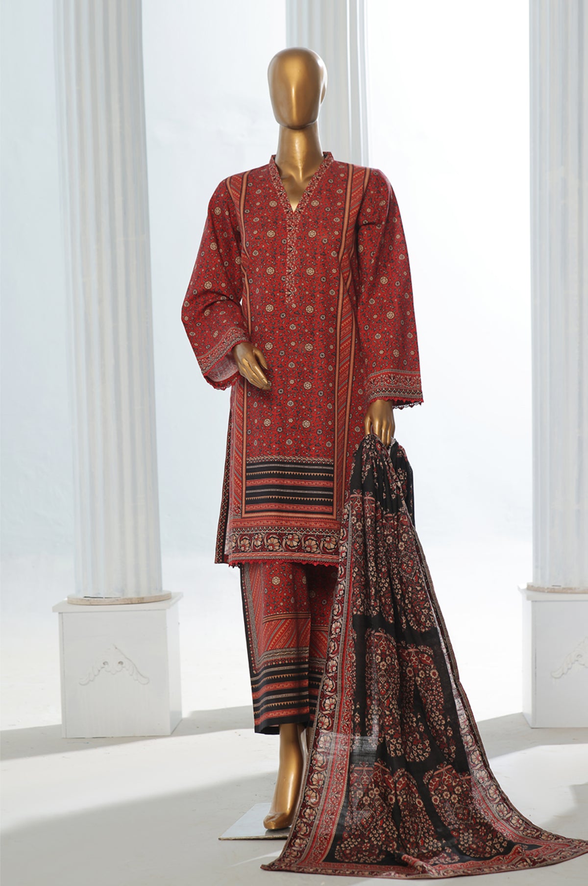 Bin Saeed Stitched 3 Piece Exclusive Printed Khaddar Vol-10 Collection'2024-WK-1225-Maroon