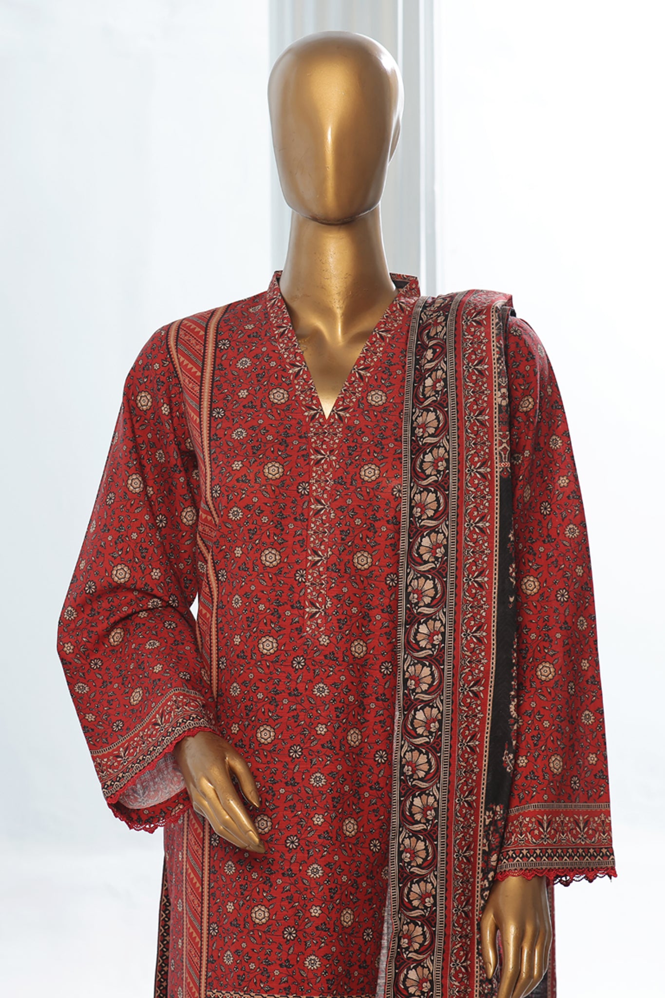 Bin Saeed Stitched 3 Piece Exclusive Printed Khaddar Vol-10 Collection'2024-WK-1225-Maroon