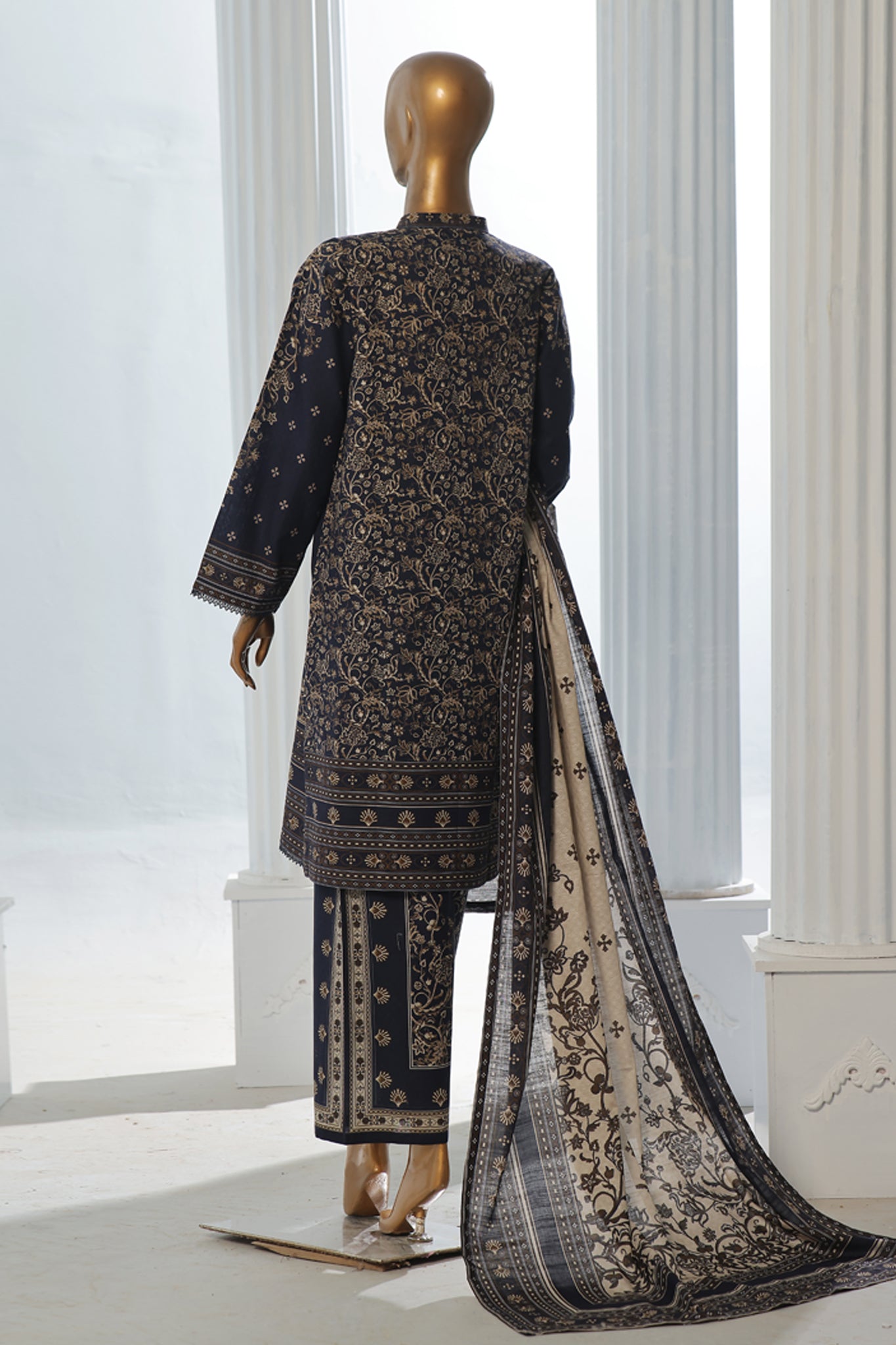 Bin Saeed Stitched 3 Piece Exclusive Printed Khaddar Vol-10 Collection'2024-WK-1226-Navy Blue