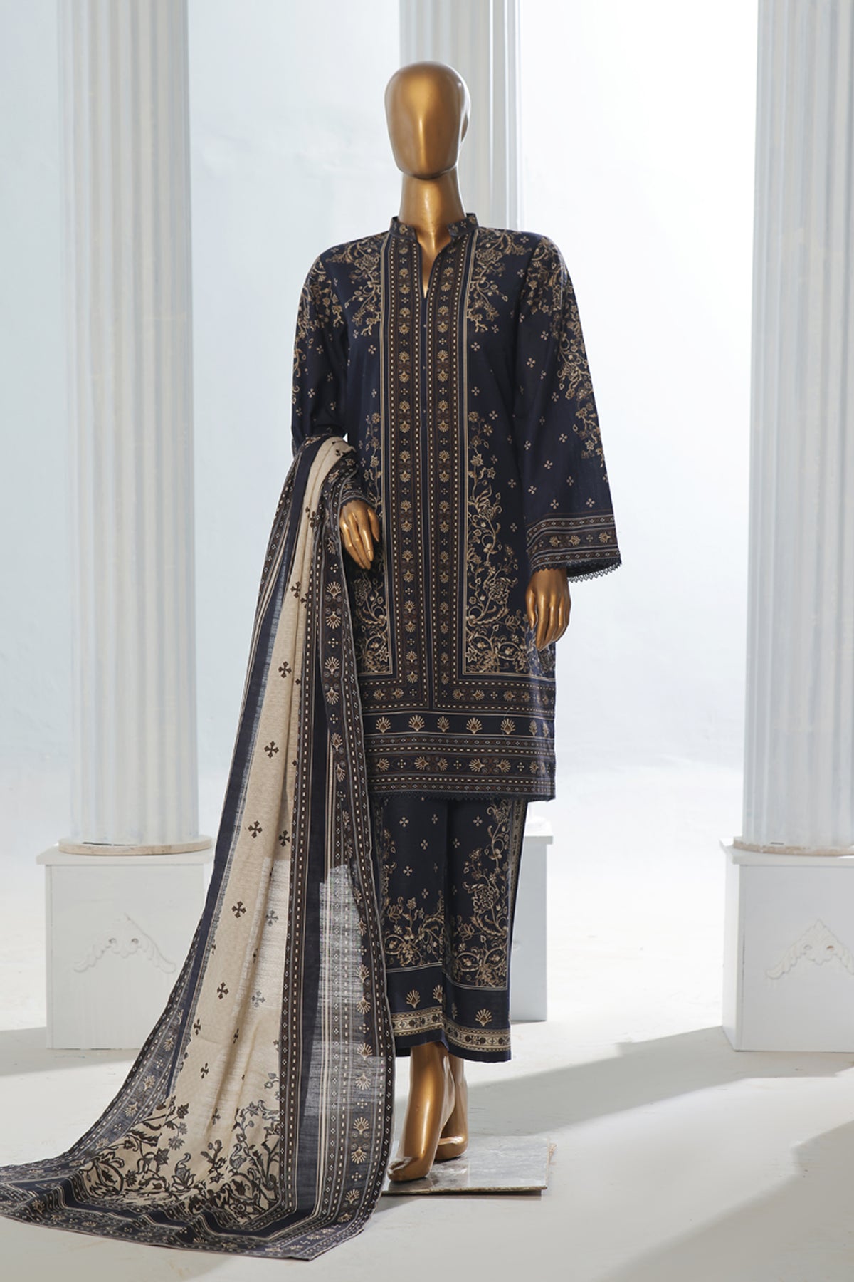 Bin Saeed Stitched 3 Piece Exclusive Printed Khaddar Vol-10 Collection'2024-WK-1226-Navy Blue