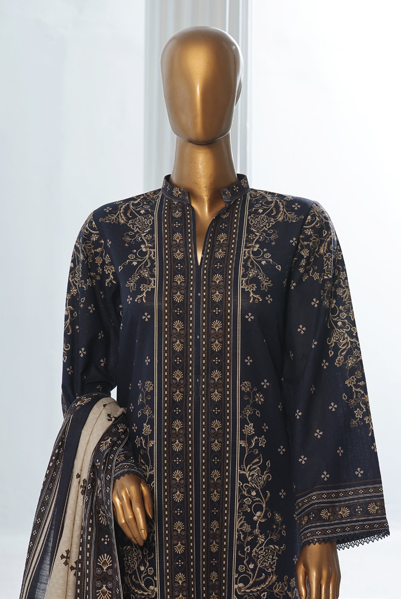 Bin Saeed Stitched 3 Piece Exclusive Printed Khaddar Vol-10 Collection'2024-WK-1226-Navy Blue