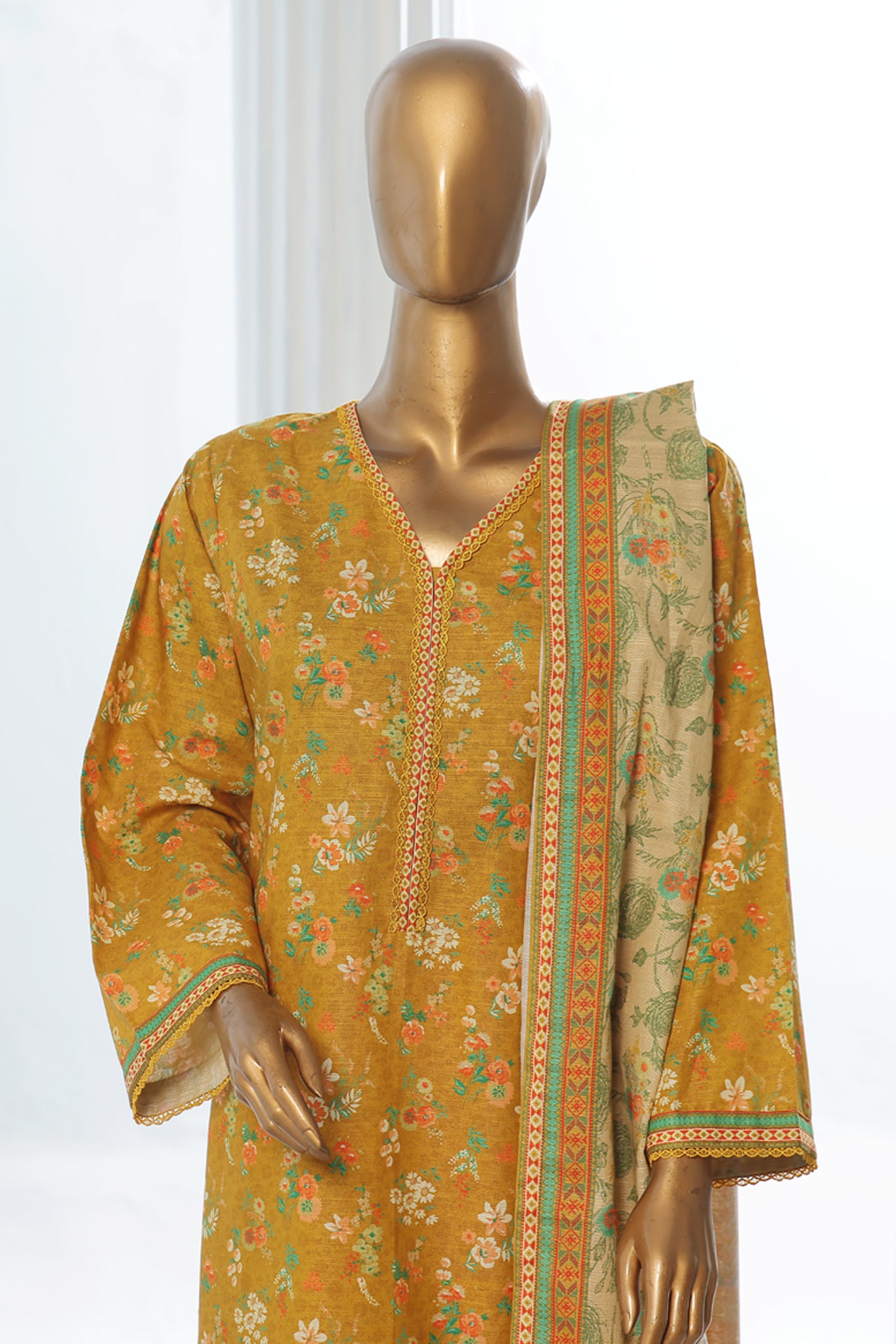 Bin Saeed Stitched 3 Piece Exclusive Printed Khaddar Vol-10 Collection'2024-WK-1228-Mustard