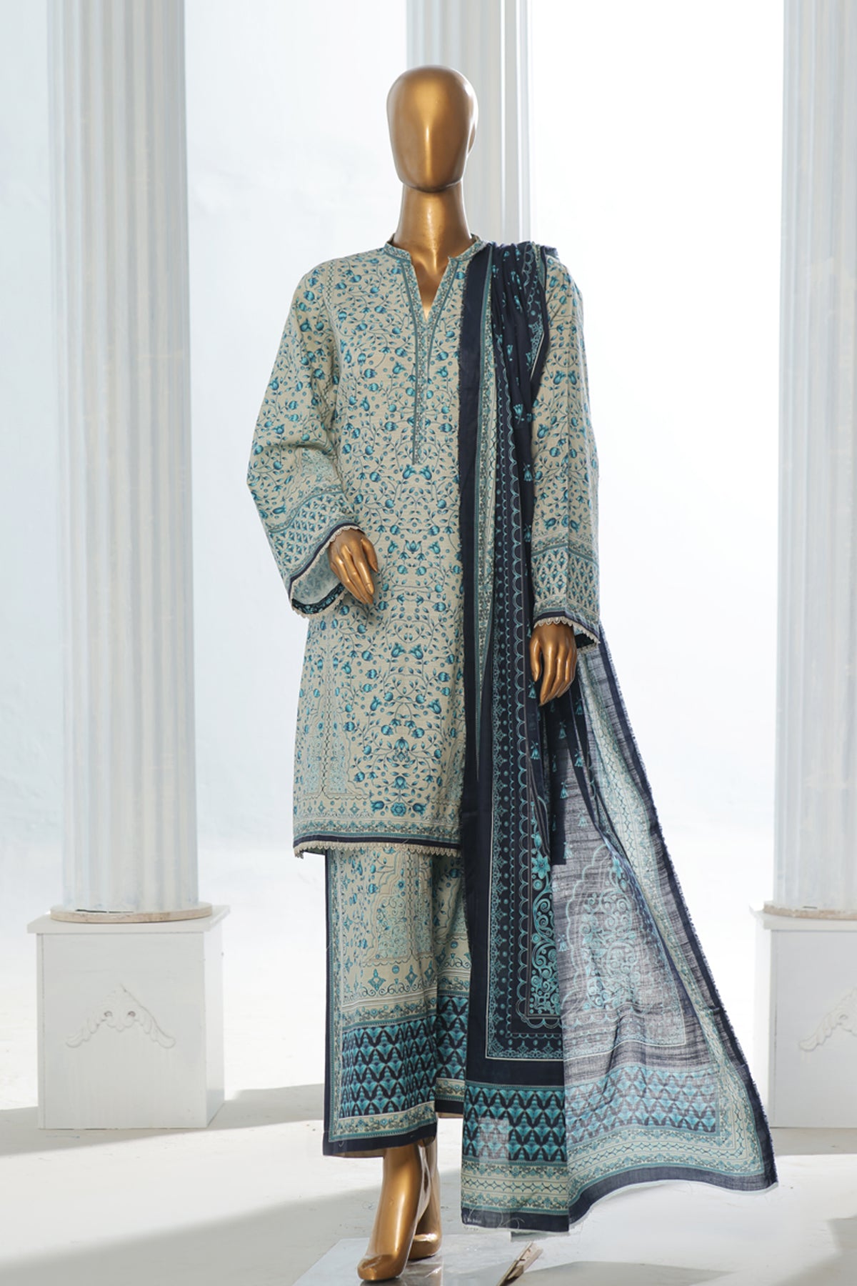 Bin Saeed Stitched 3 Piece Exclusive Printed Khaddar Vol-10 Collection'2024-WK-1229-Sky Blue