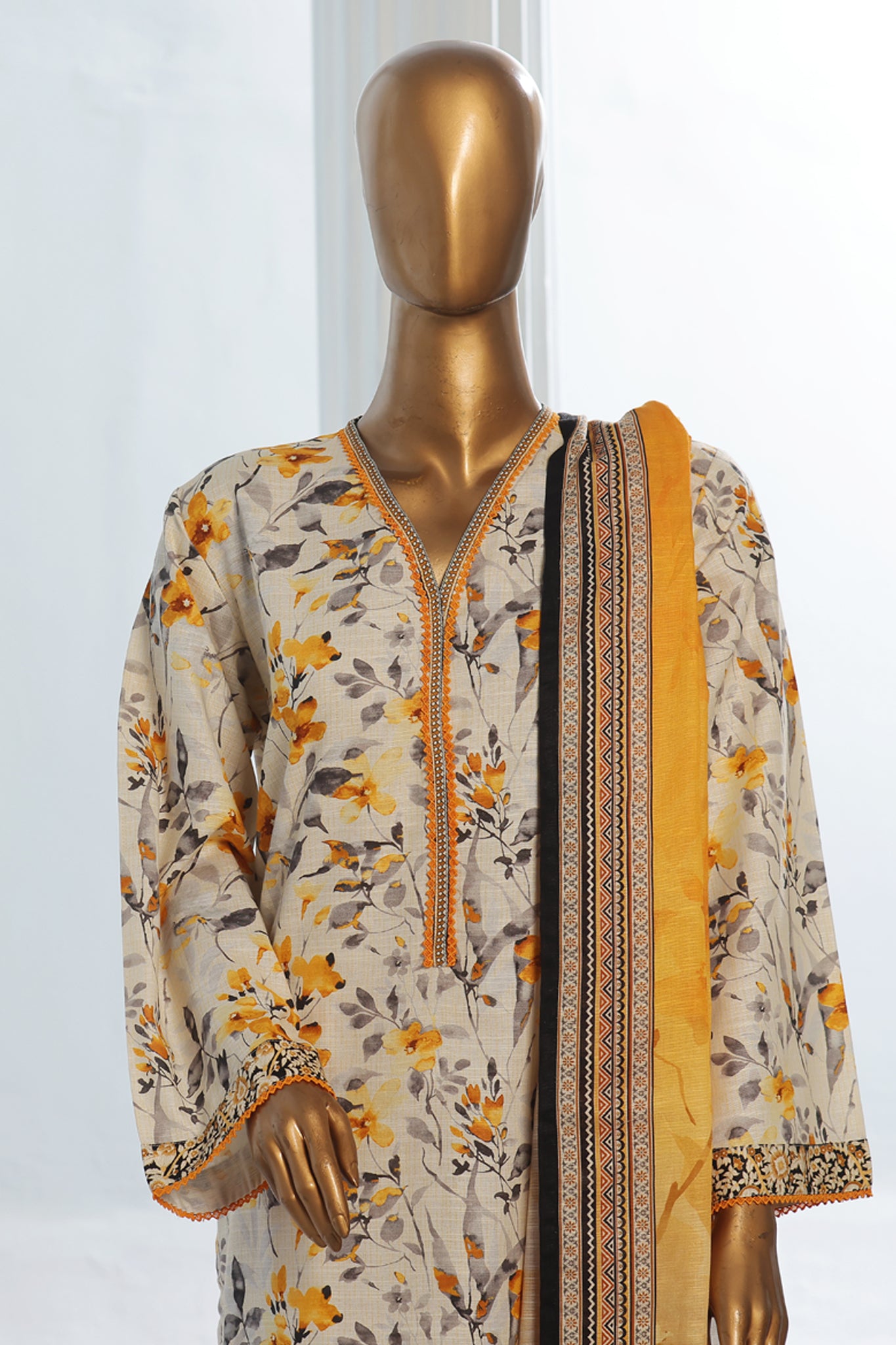 Bin Saeed Stitched 3 Piece Exclusive Printed Khaddar Vol-10 Collection'2024-WK-1230-Yellow