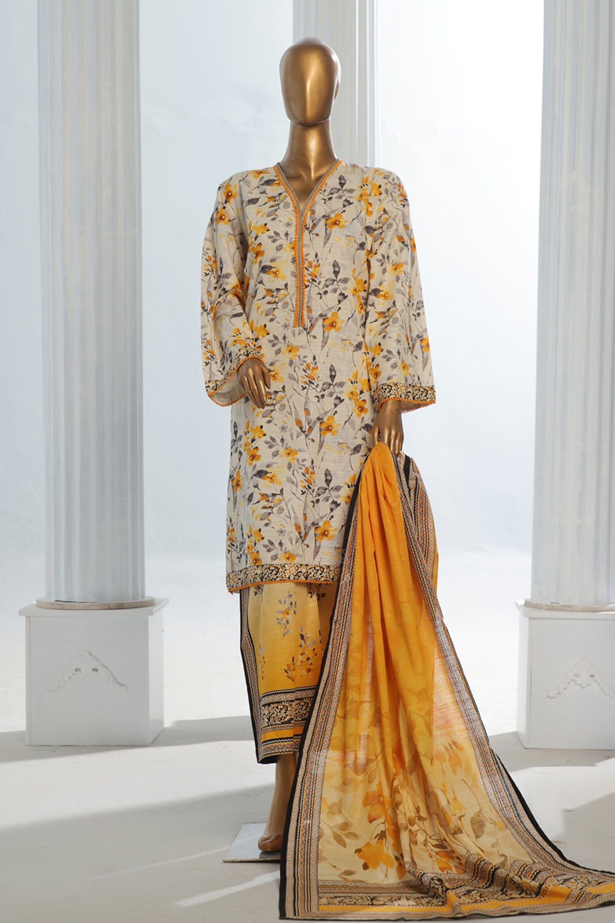 Bin Saeed Stitched 3 Piece Exclusive Printed Khaddar Vol-10 Collection'2024-WK-1230-Yellow