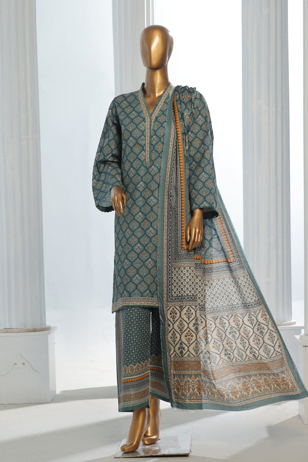 Bin Saeed Stitched 3 Piece Exclusive Printed Khaddar Vol-10 Collection'2024-WK-1236-Teal