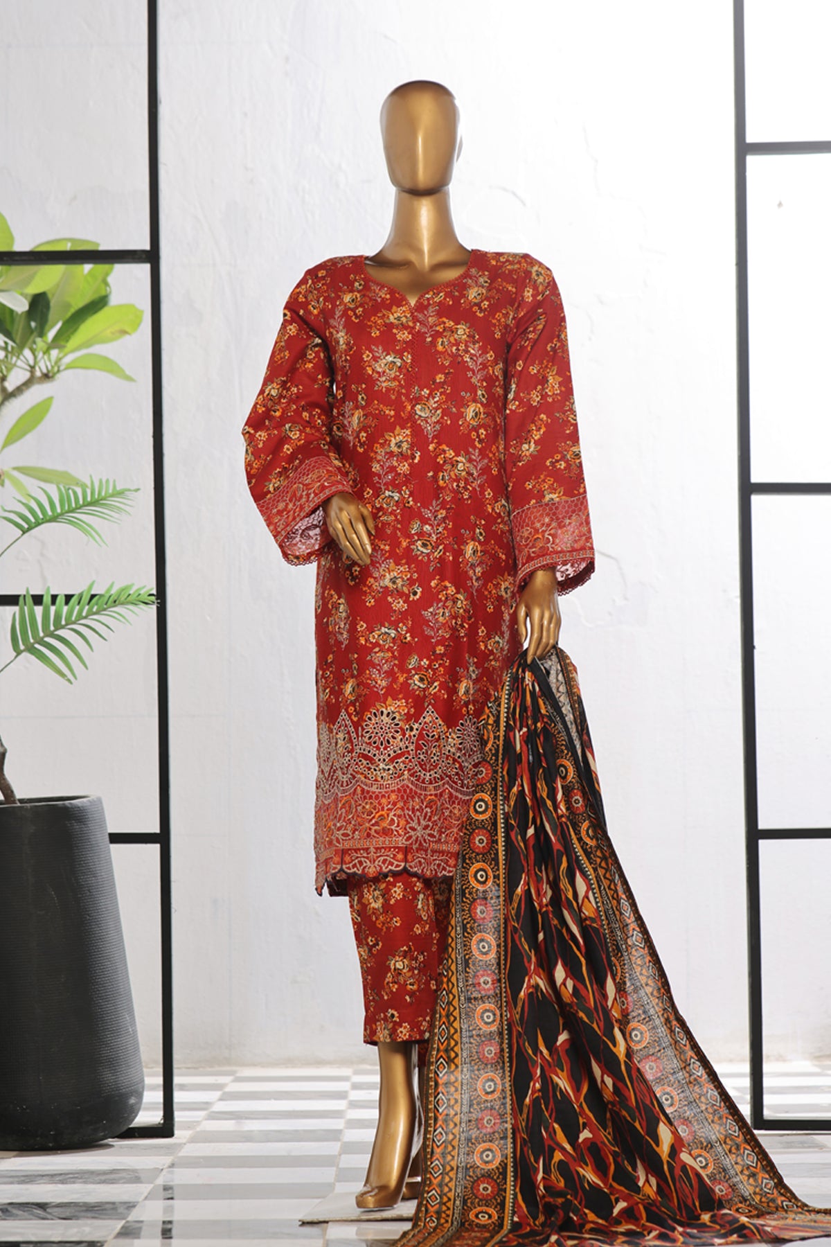 Bin Saeed Stitched 3 Piece Excessive Chikankari Khaddar Vol-03 Collection'2024-WK-1237-Red