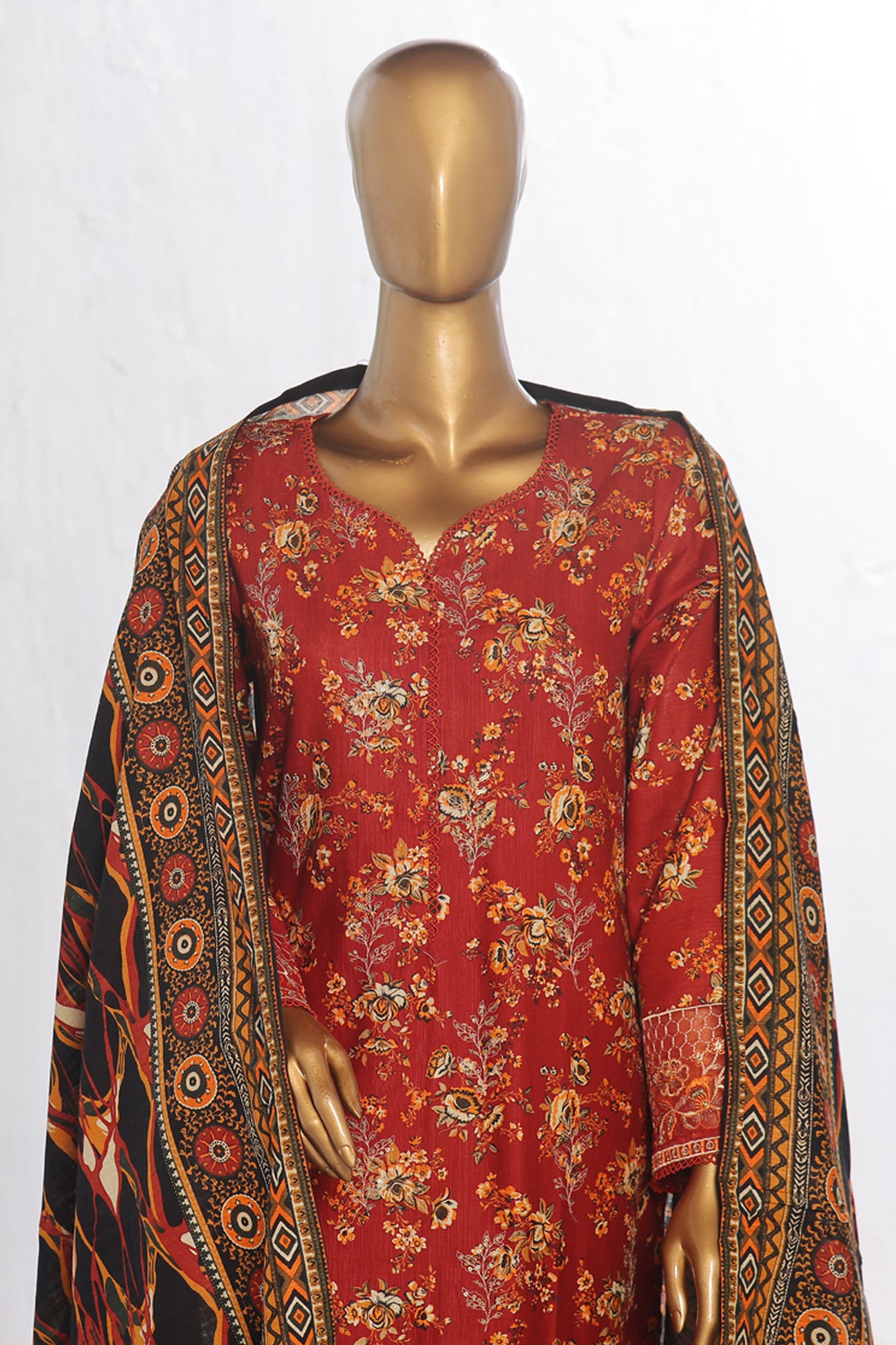 Bin Saeed Stitched 3 Piece Excessive Chikankari Khaddar Vol-03 Collection'2024-WK-1237-Red