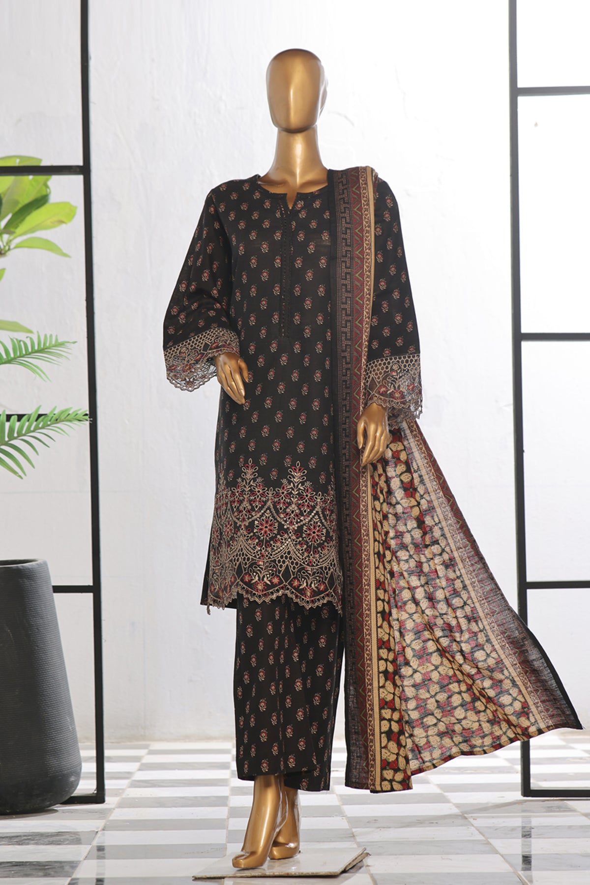 Bin Saeed Stitched 3 Piece Excessive Chikankari Khaddar Vol-03 Collection'2024-WK-1239-Black