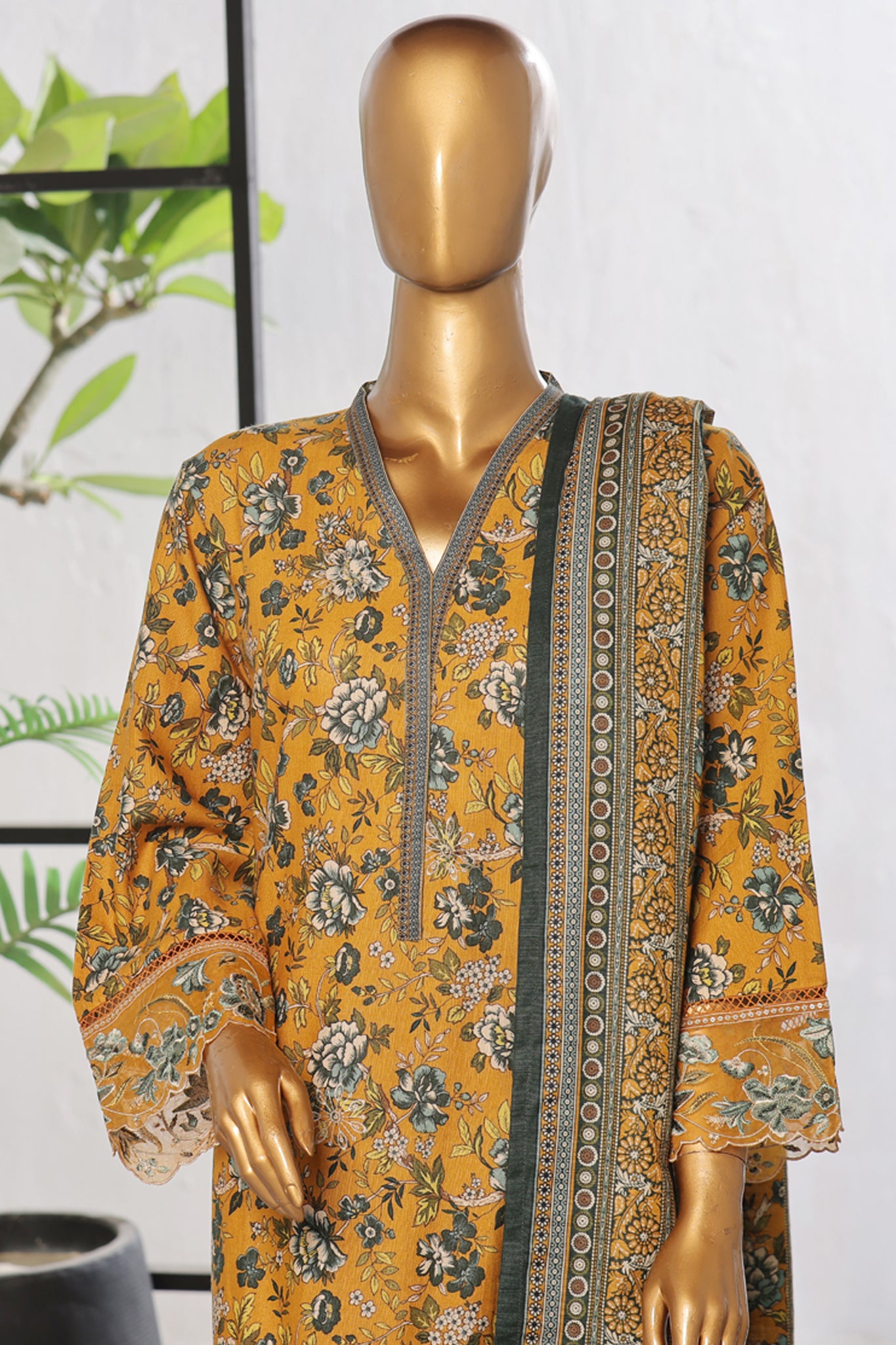 Bin Saeed Stitched 3 Piece Excessive Chikankari Khaddar Vol-03 Collection'2024-WK-1240-Yellow