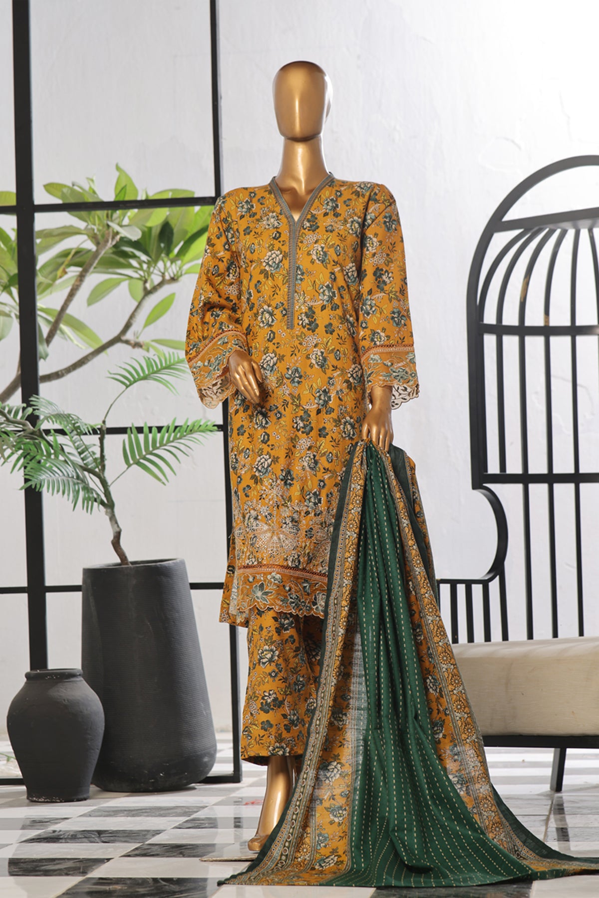 Bin Saeed Stitched 3 Piece Excessive Chikankari Khaddar Vol-03 Collection'2024-WK-1240-Yellow