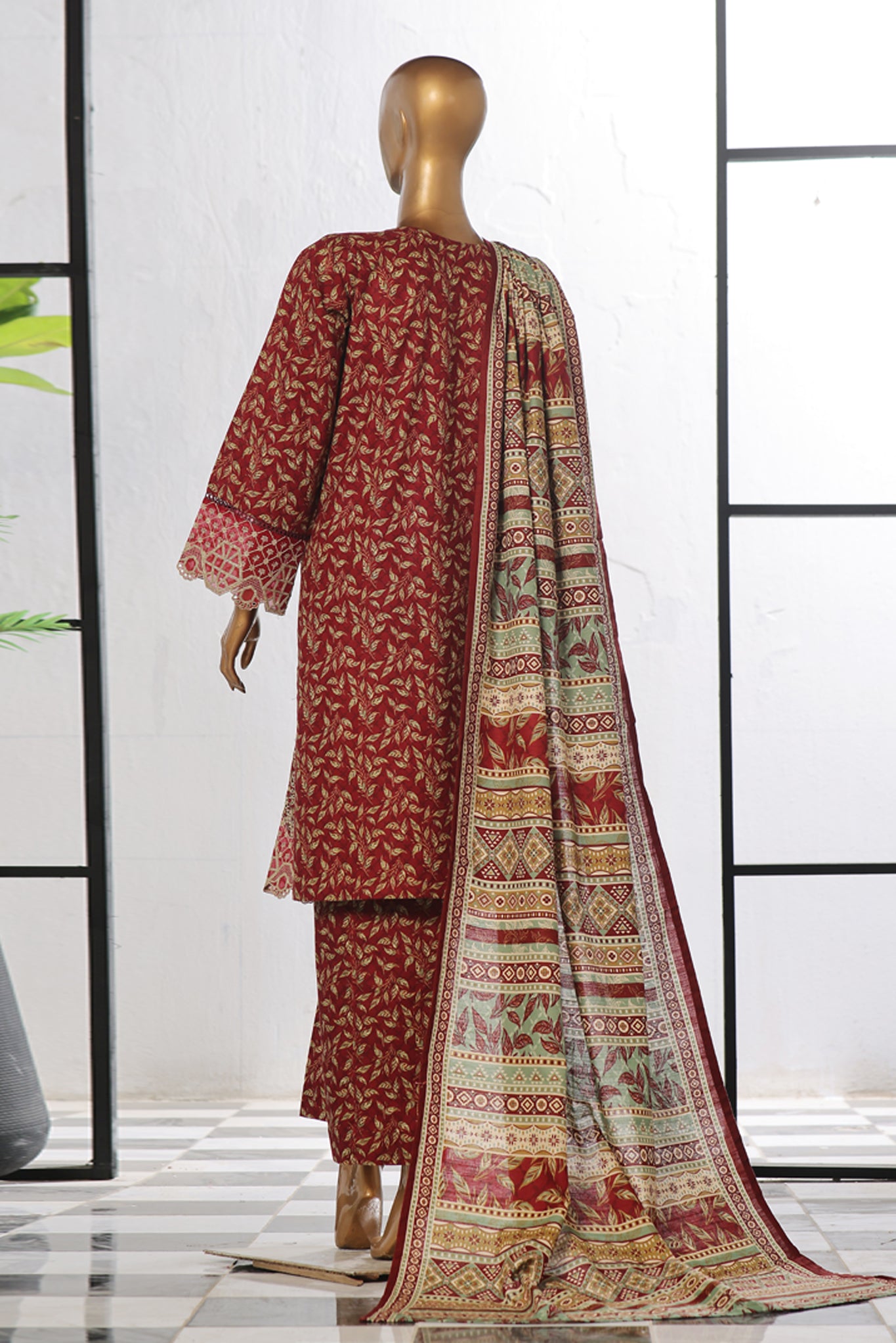 Bin Saeed Stitched 3 Piece Excessive Chikankari Khaddar Vol-03 Collection'2024-WK-1241-Maroon