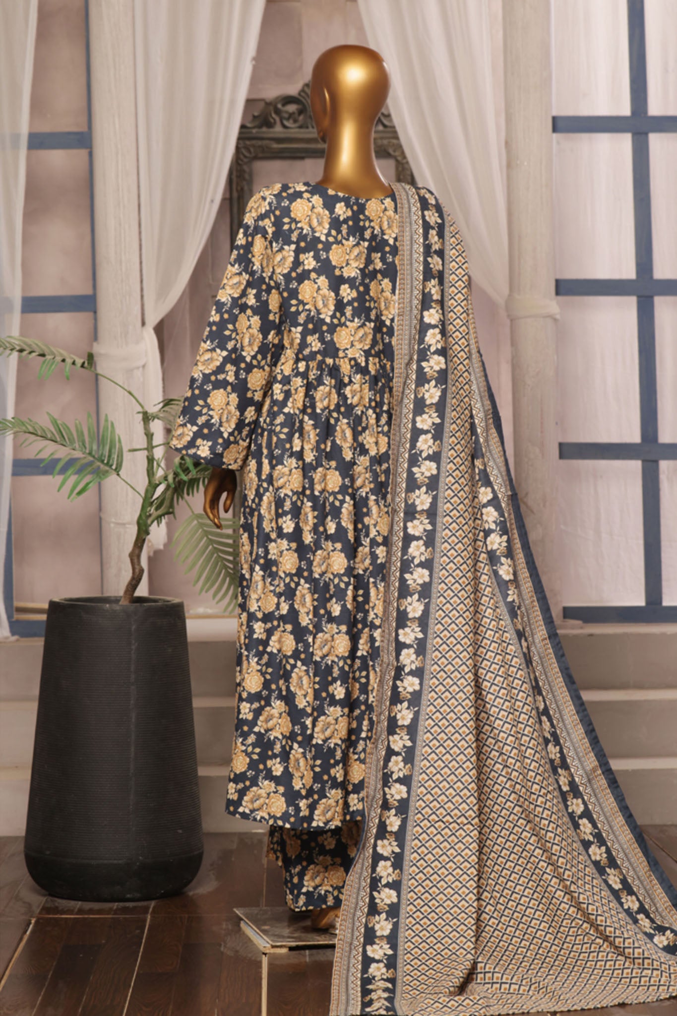 Bin Saeed Stitched 3 Piece Printed Khaddar Frocks Vol-01 Collection'2024-WK-1243-Navy Blue