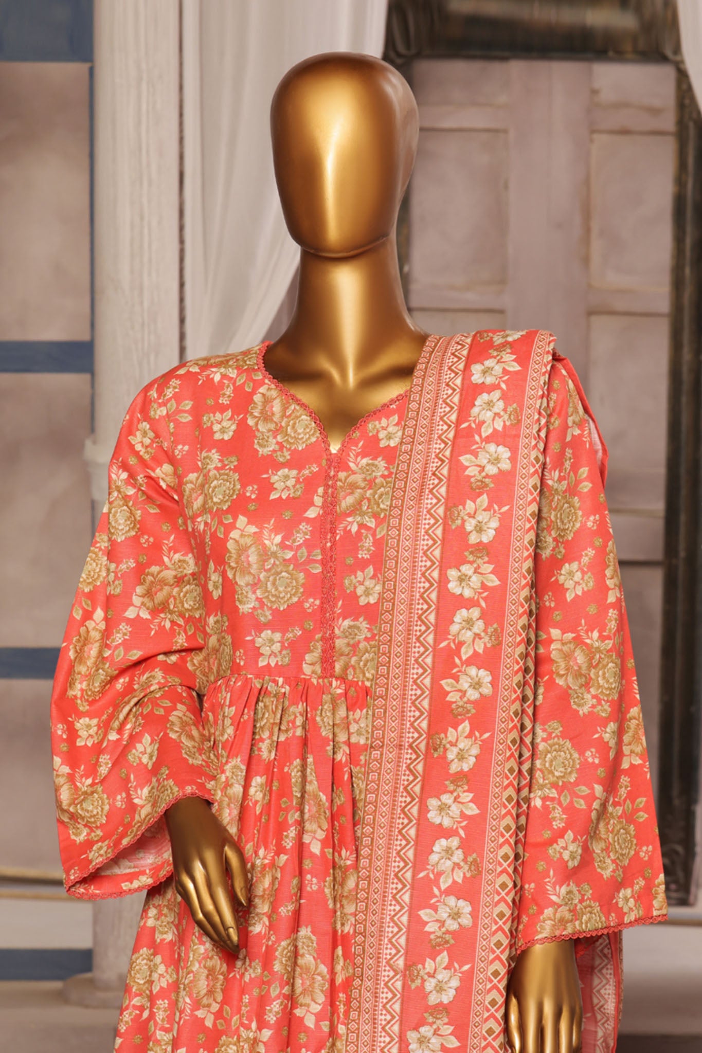 Bin Saeed Stitched 3 Piece Printed Khaddar Frocks Vol-01 Collection'2024-WK-1244-Peach