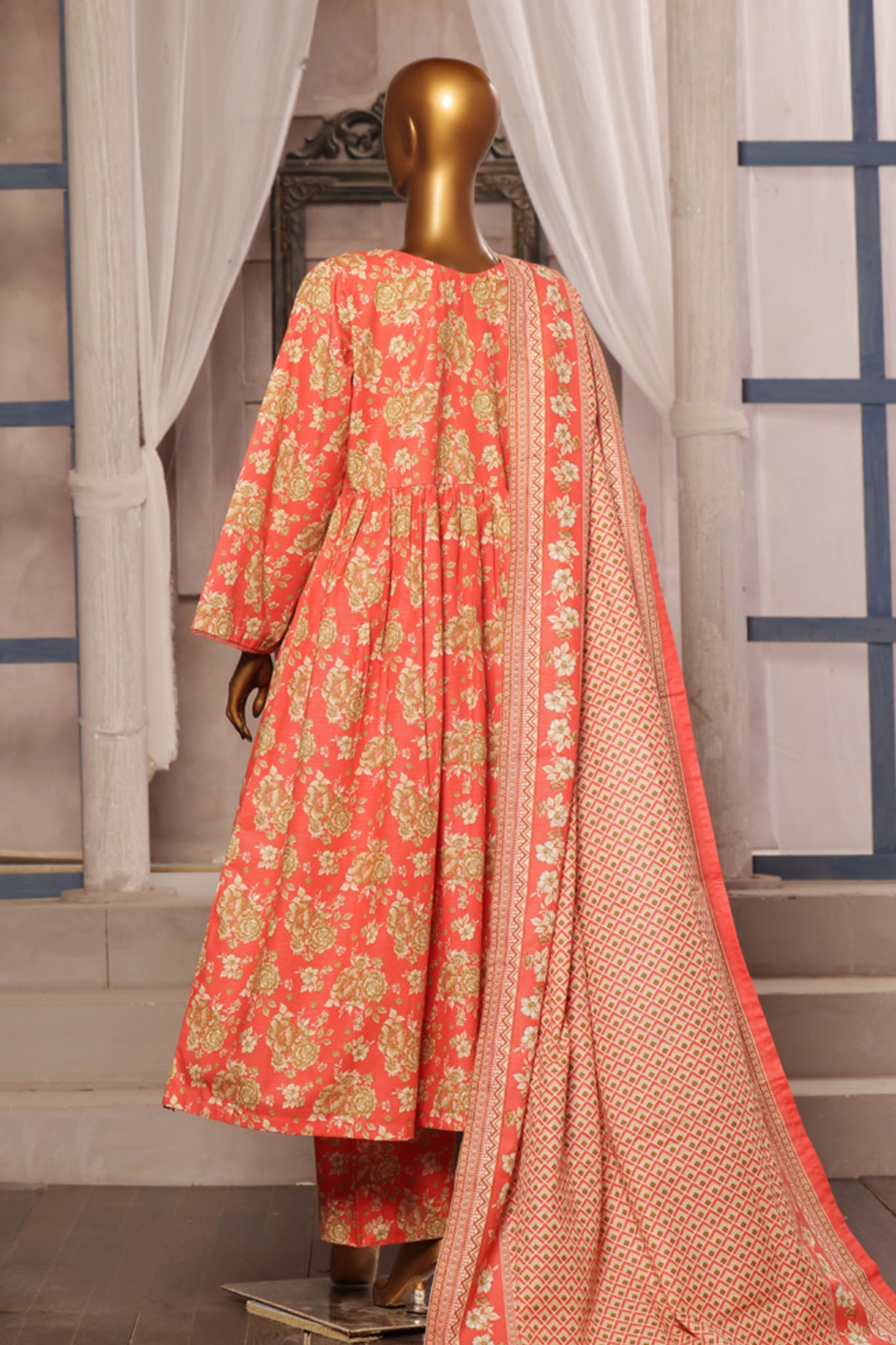 Bin Saeed Stitched 3 Piece Printed Khaddar Frocks Vol-01 Collection'2024-WK-1244-Peach