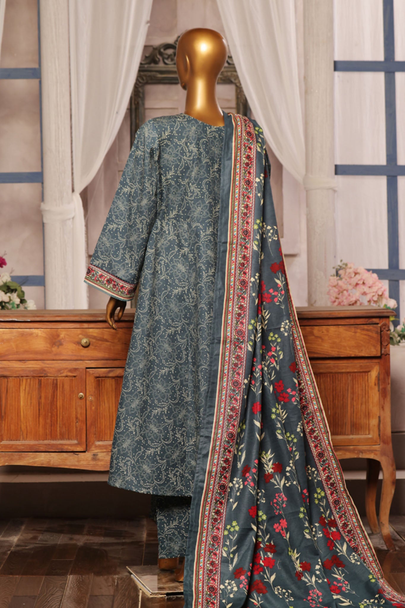 Bin Saeed Stitched 3 Piece Printed Khaddar Frocks Vol-01 Collection'2024-WK-1245-Teal