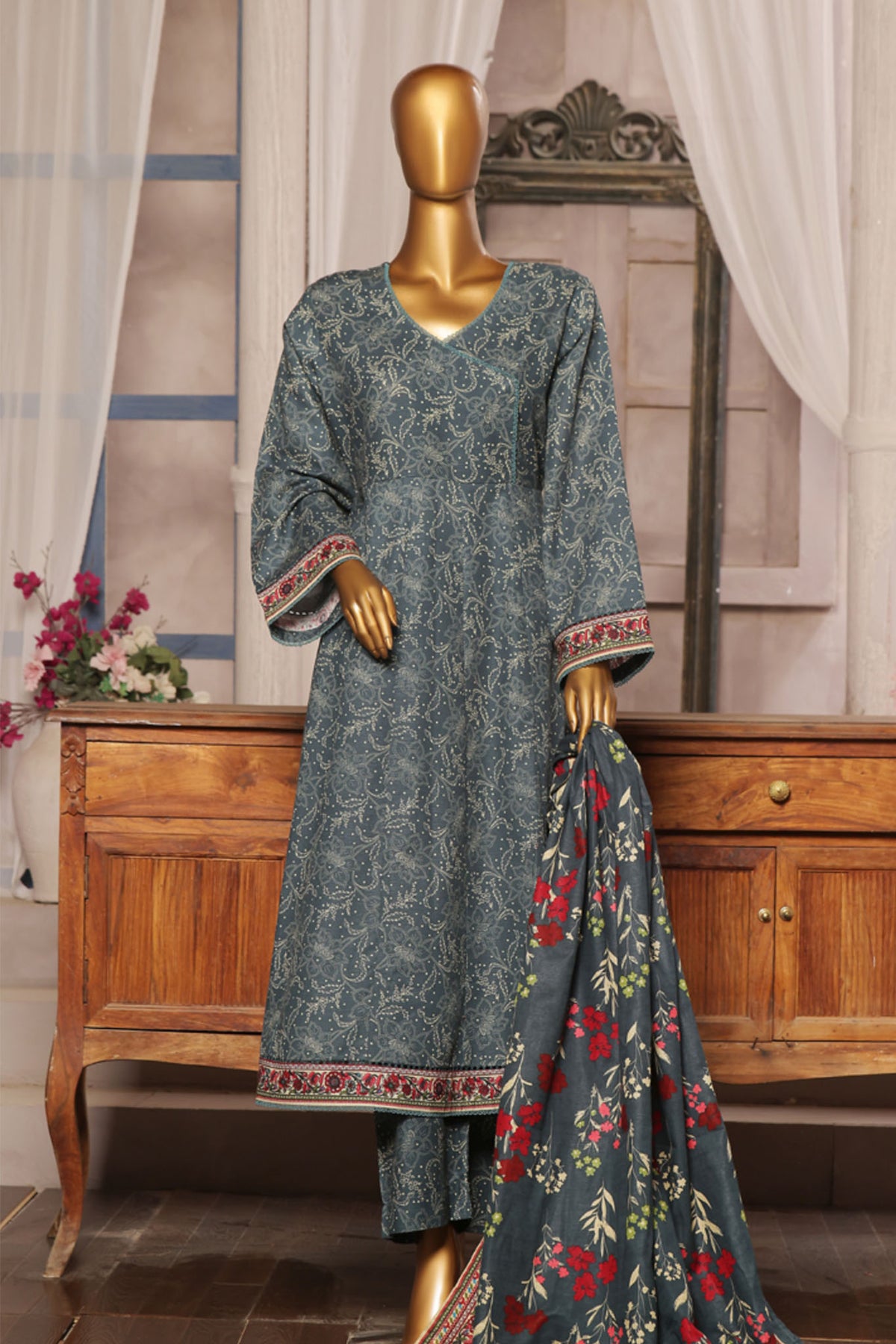 Bin Saeed Stitched 3 Piece Printed Khaddar Frocks Vol-01 Collection'2024-WK-1245-Teal