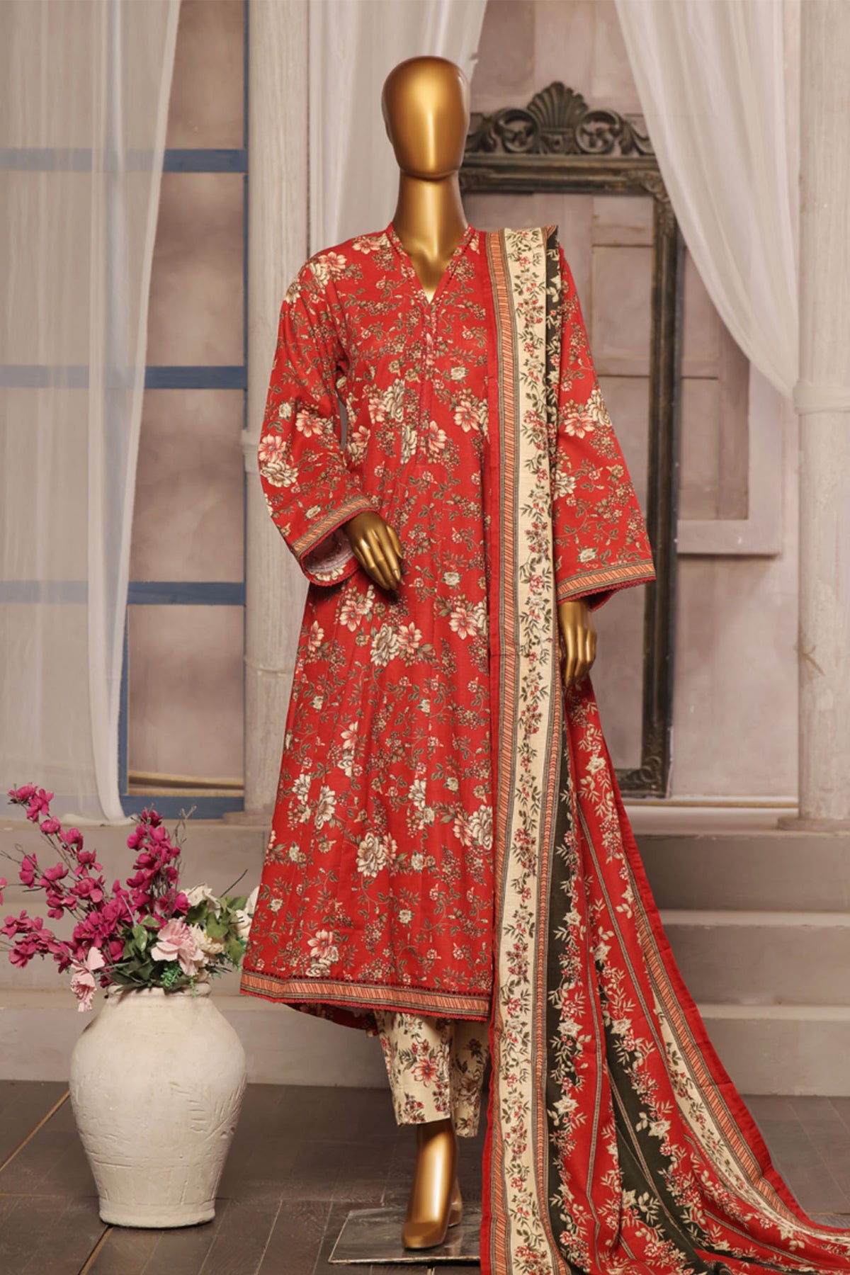 Bin Saeed Stitched 3 Piece Printed Khaddar Frocks Vol-01 Collection'2024-WK-1247-Maroon