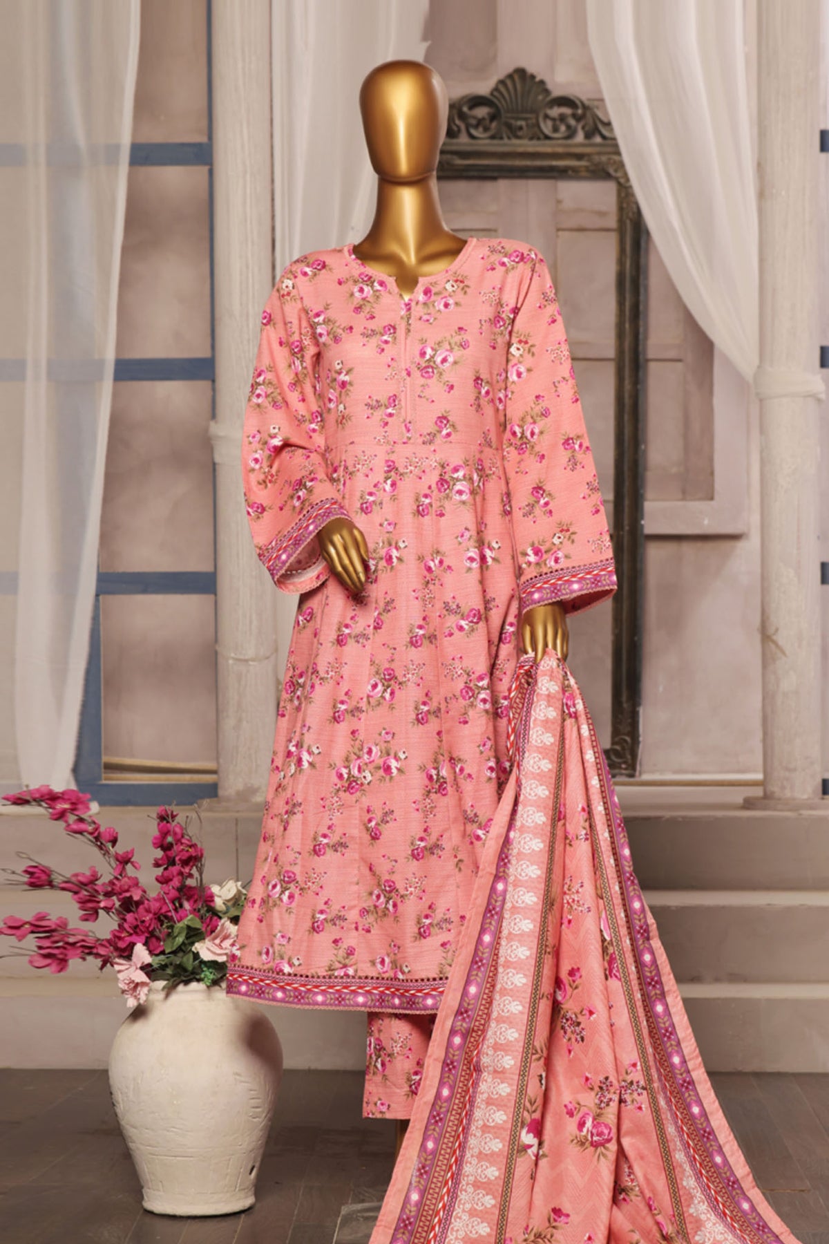 Bin Saeed Stitched 3 Piece Printed Khaddar Frocks Vol-01 Collection'2024-WK-1249-Pink