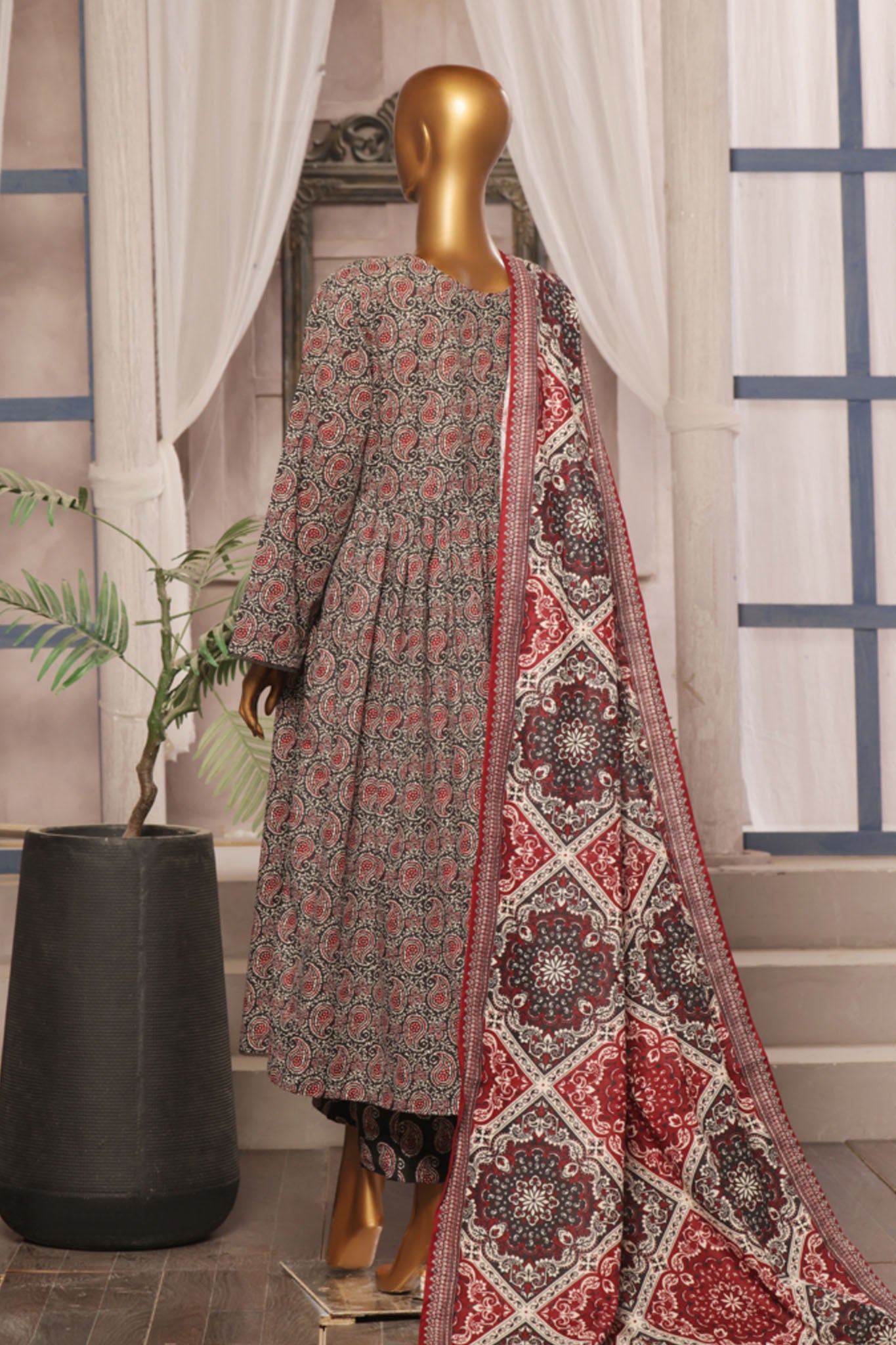 Bin Saeed Stitched 3 Piece Printed Khaddar Frocks Vol-01 Collection'2024-WK-1252-Black