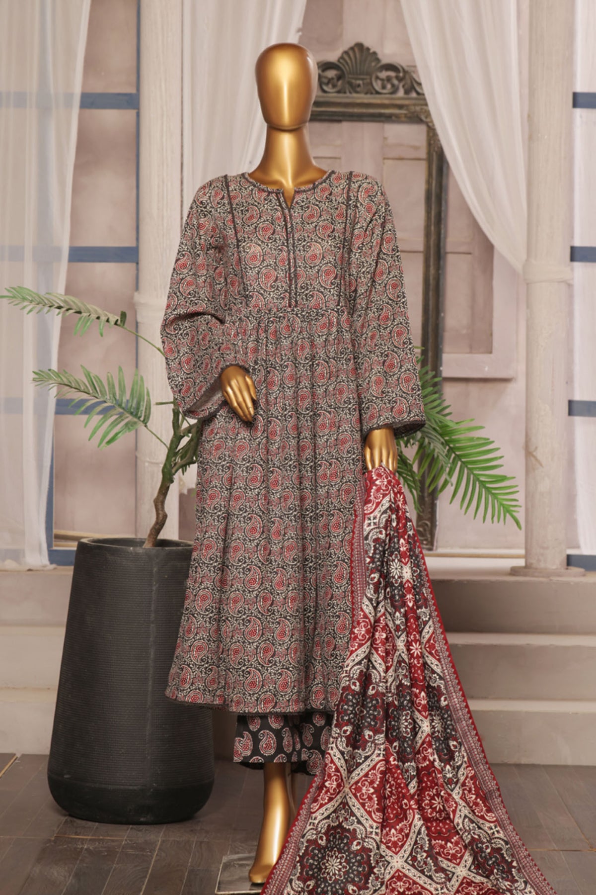 Bin Saeed Stitched 3 Piece Printed Khaddar Frocks Vol-01 Collection'2024-WK-1252-Black