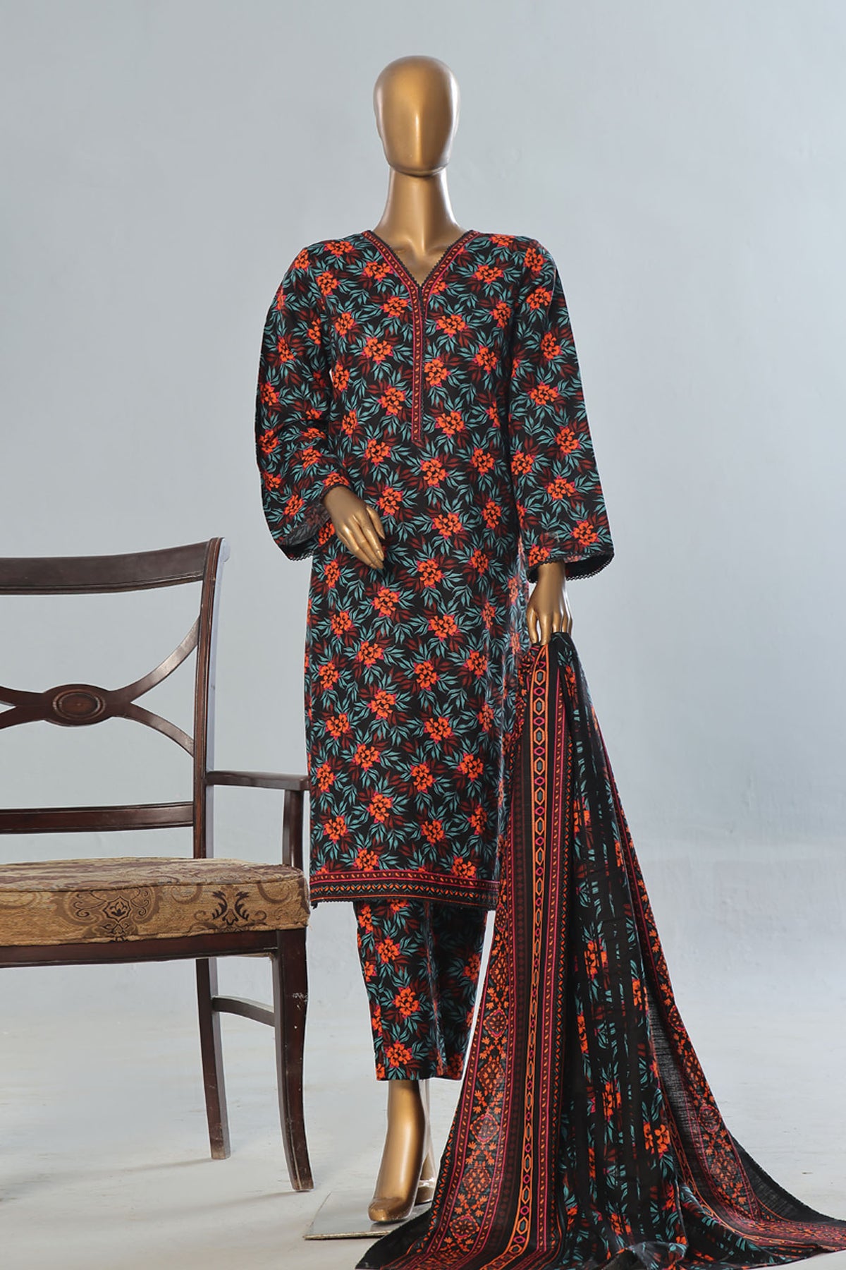 Bin Saeed Stitched 3 Piece Exclusive Printed Khaddar Vol-12 Collection'2024-WK-1263-Black