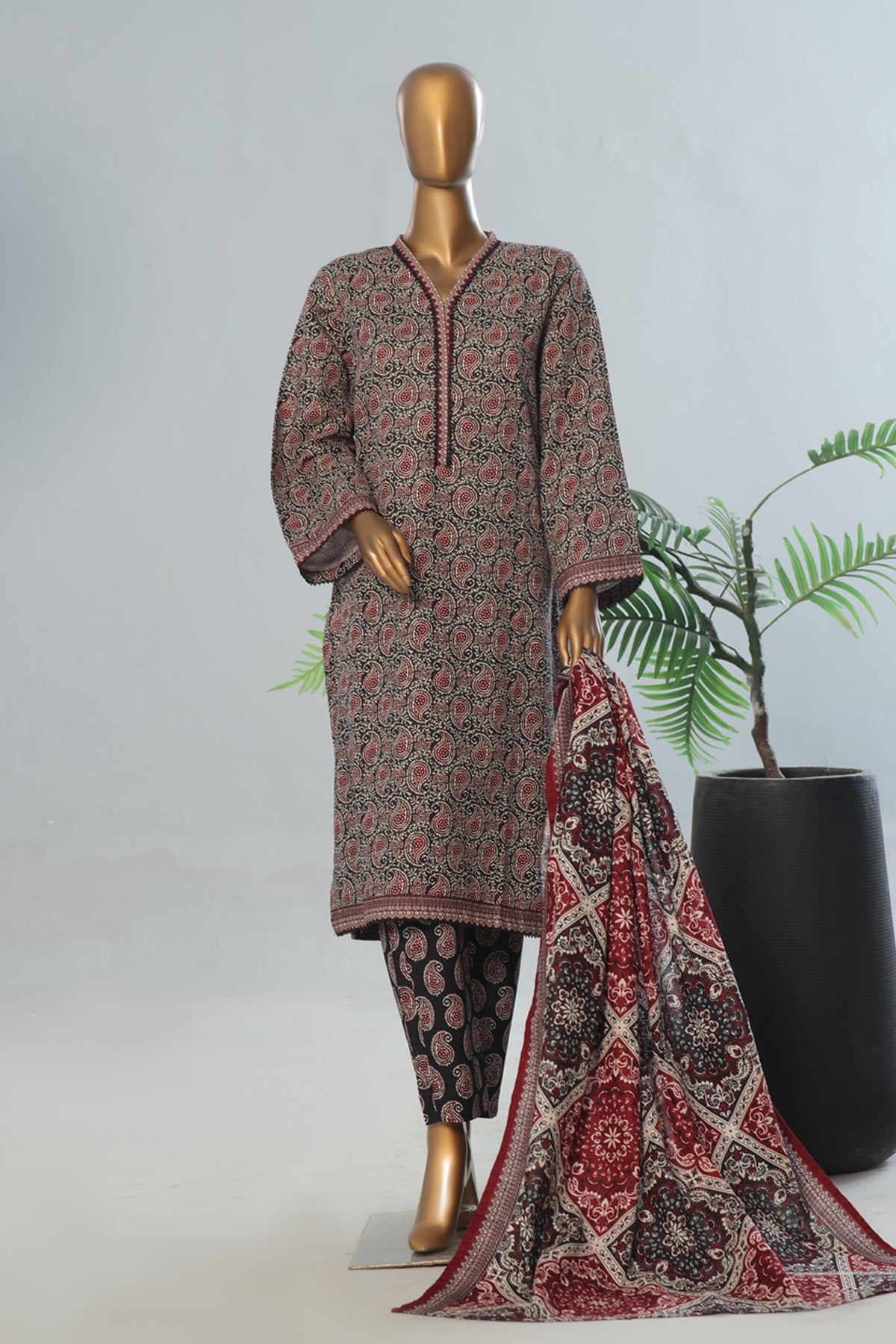 Bin Saeed Stitched 3 Piece Exclusive Printed Khaddar Vol-12 Collection'2024-WK-1265-Black