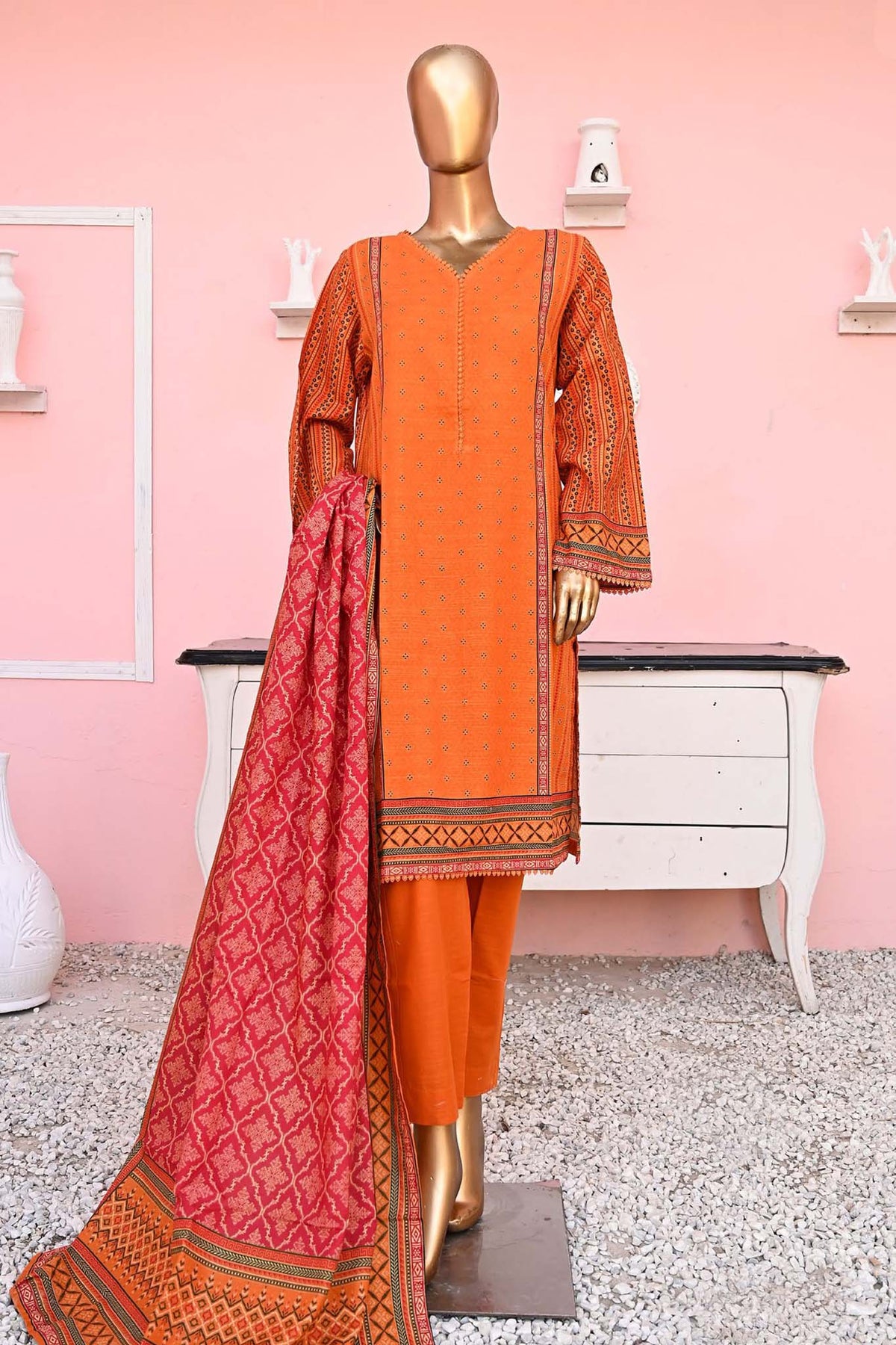 Bin Saeed Stitched 3 Piece Printed Khaddar Collection'2023-WKF-030-Orange