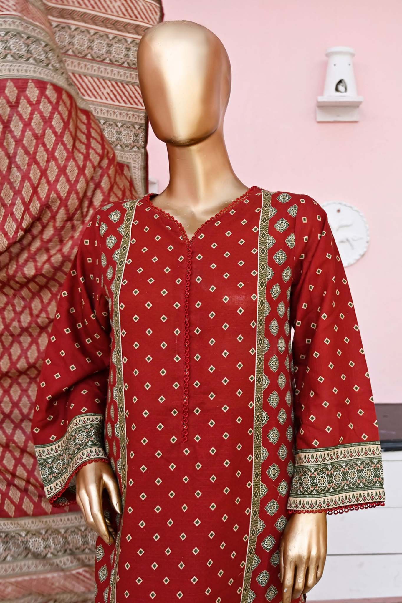 Bin Saeed Stitched 3 Piece Printed Khaddar Collection'2023-WKF-031-Red
