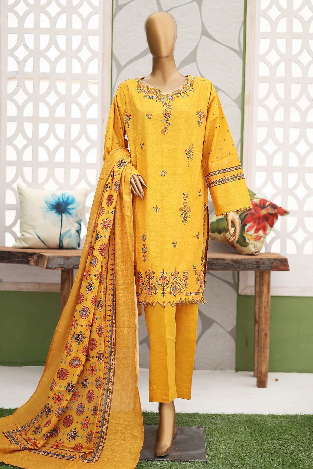 Bin Saeed Stitched 3 Piece Emb Khaddar Winter Collection'2024-WKF-951-Yellow