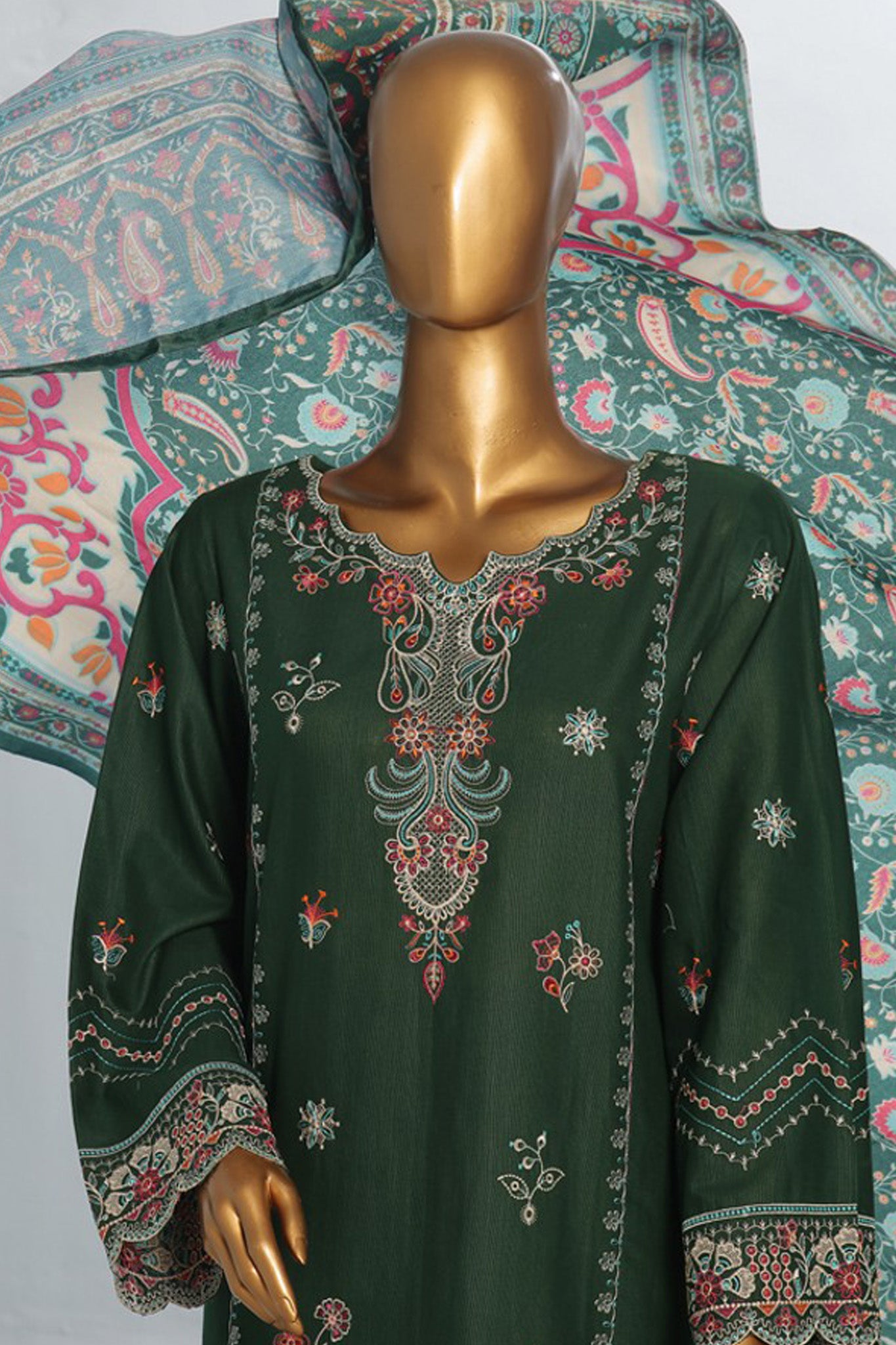 Bin Saeed Stitched 3 Piece Luxury Emb Khaddar With Shawl Collection'2024-WKK-1204-Green