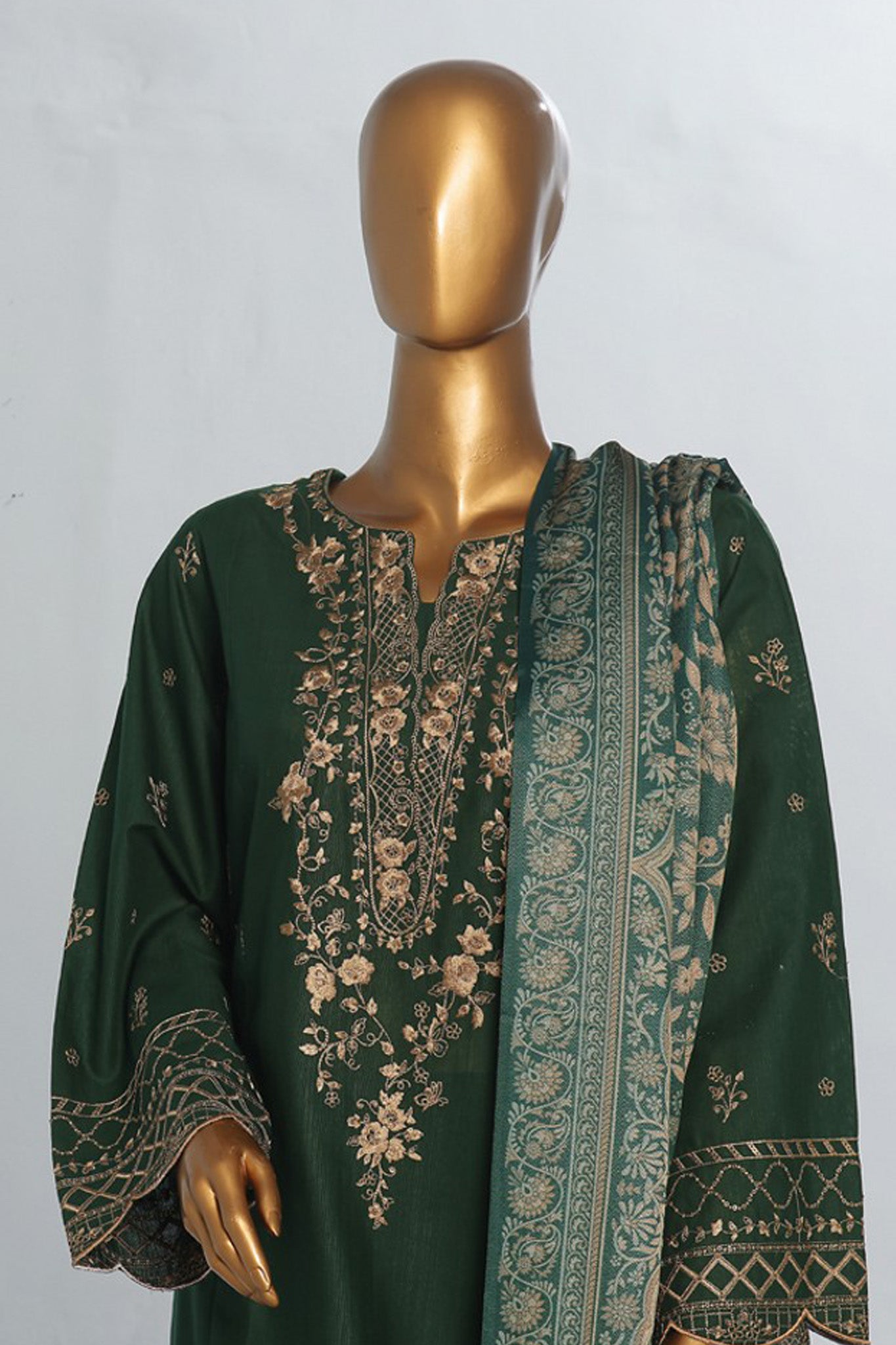 Bin Saeed Stitched 3 Piece Luxury Emb Khaddar With Shawl Collection'2024-WKK-1205-Green