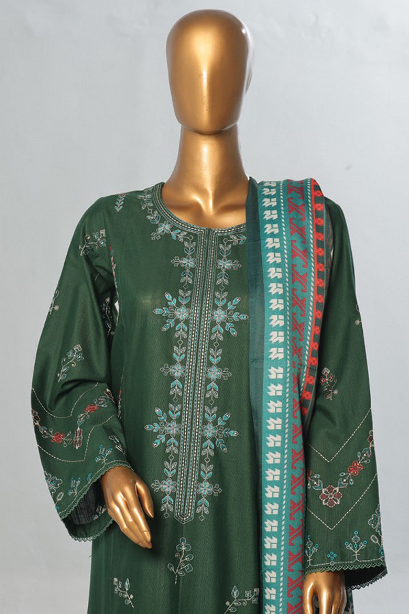 Bin Saeed Stitched 3 Piece Luxury Emb Khaddar With Shawl Collection'2024-WKK-1206-Green