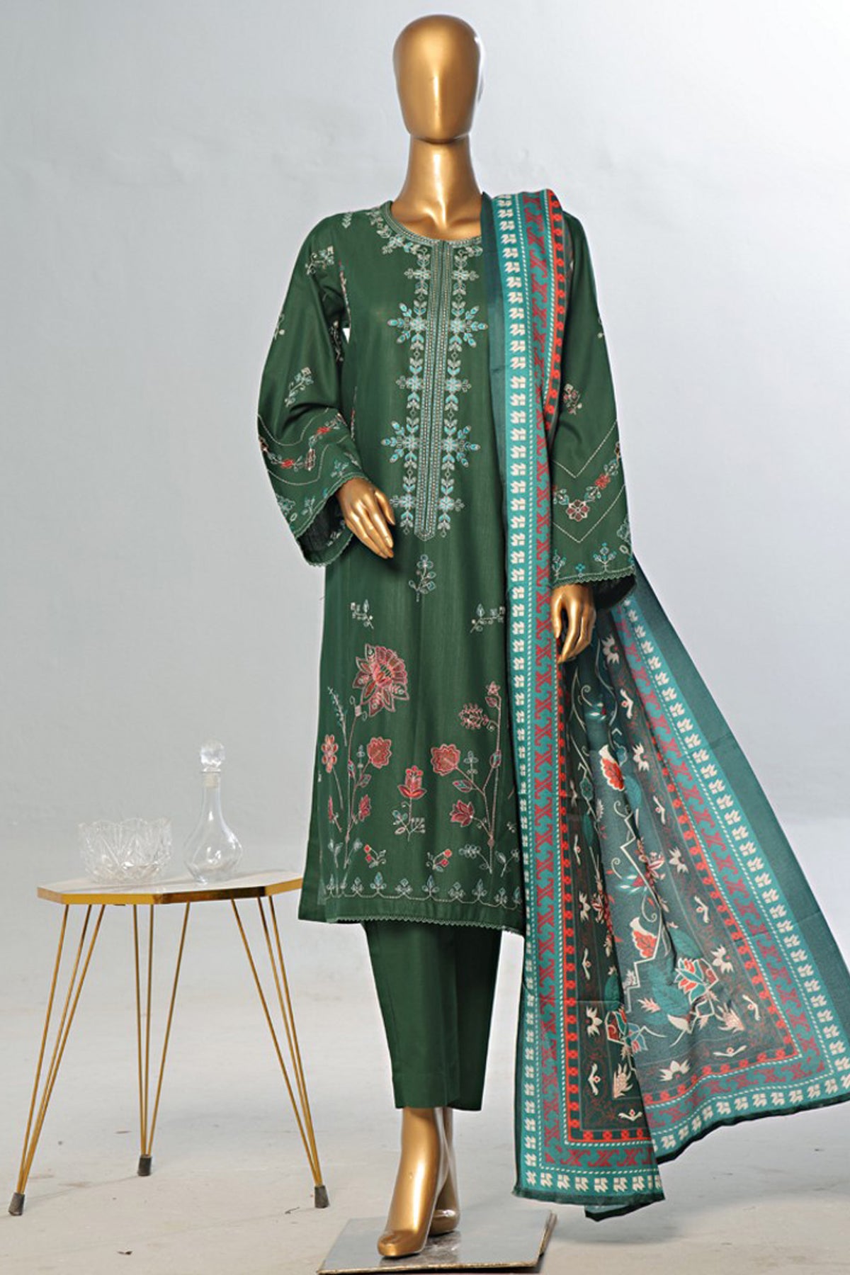 Bin Saeed Stitched 3 Piece Luxury Emb Khaddar With Shawl Collection'2024-WKK-1206-Green