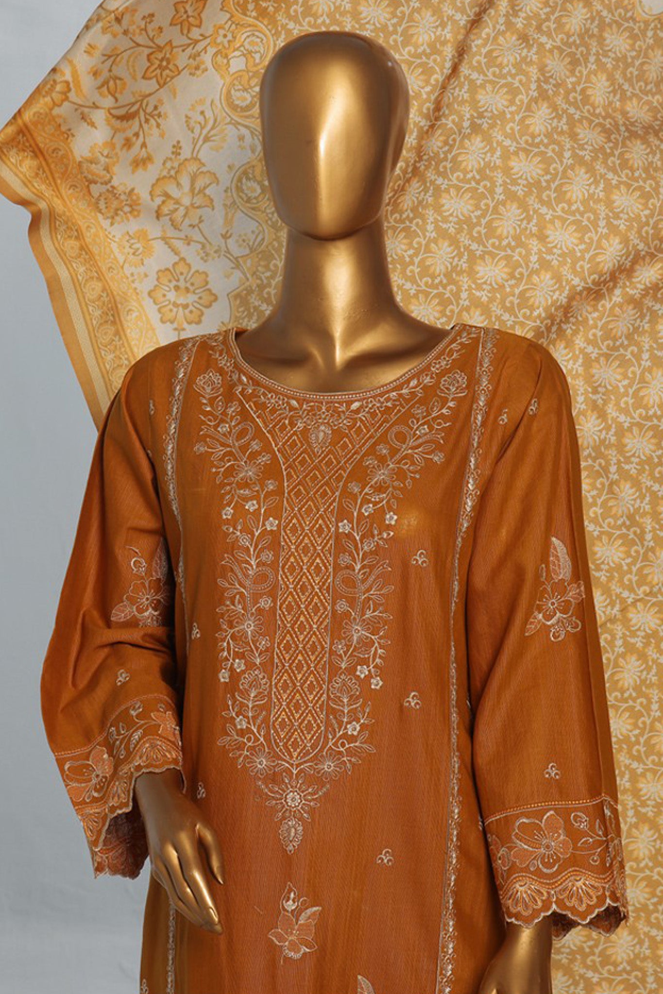 Bin Saeed Stitched 3 Piece Luxury Emb Khaddar With Shawl Collection'2024-WKK-1209-Mustard